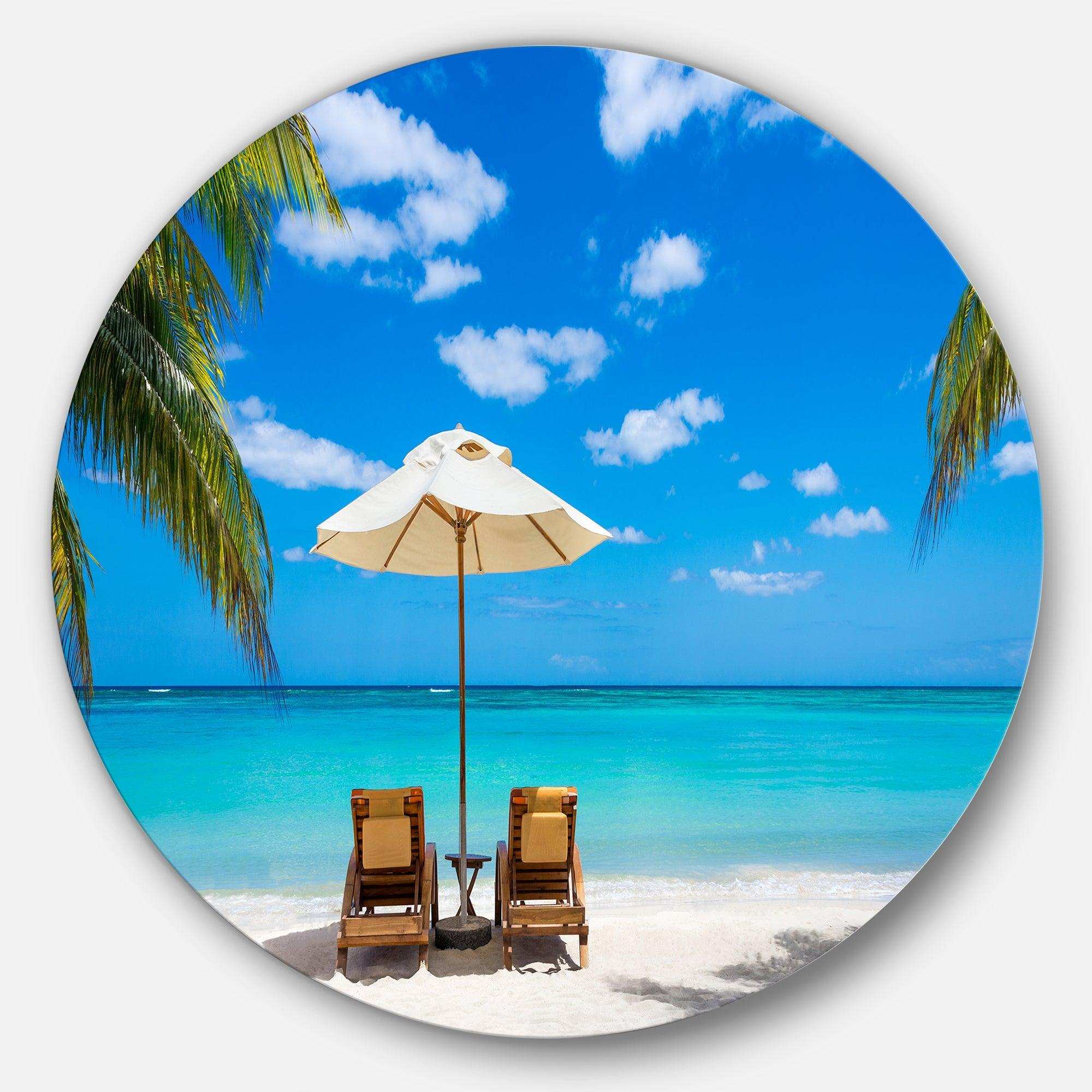 Turquoise Beach with Chairs - Coastal Large Metal Circle Wall Art