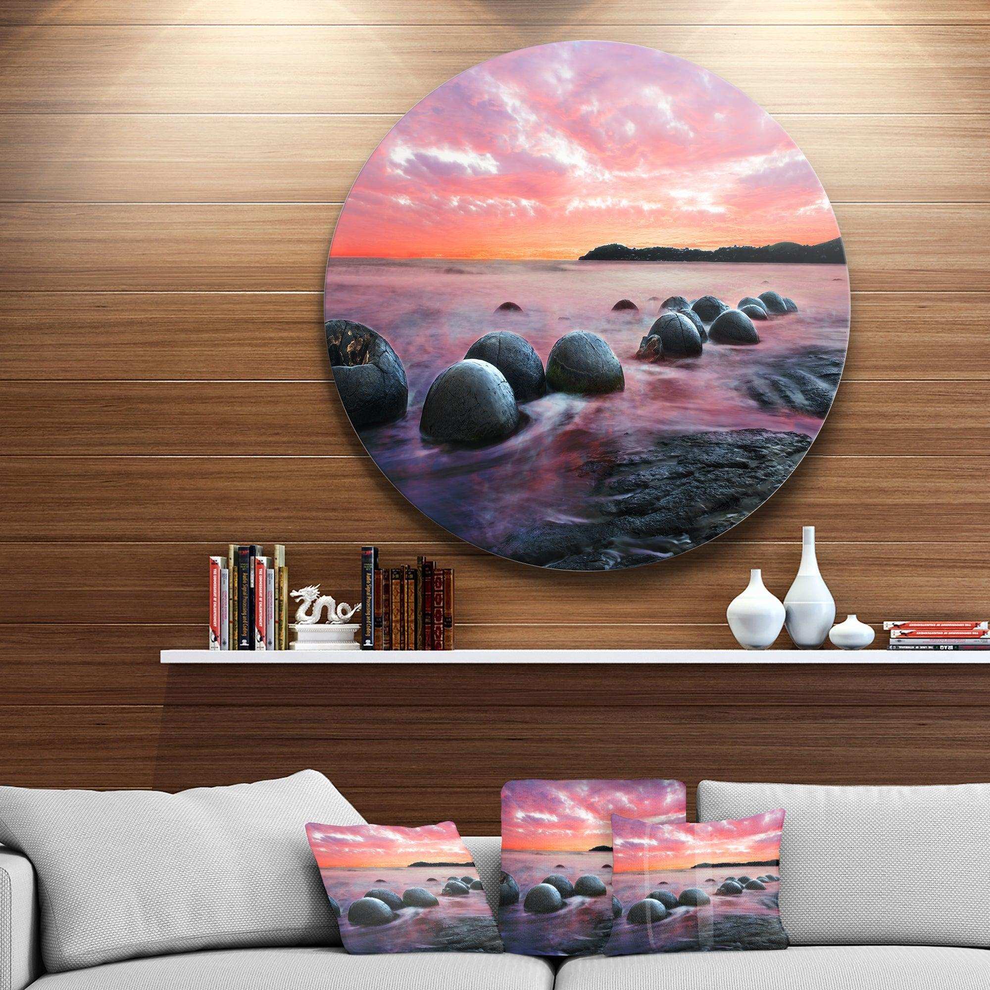 Moeraki Boulders at Sunset - Coastal Circle Metal Wall Decor