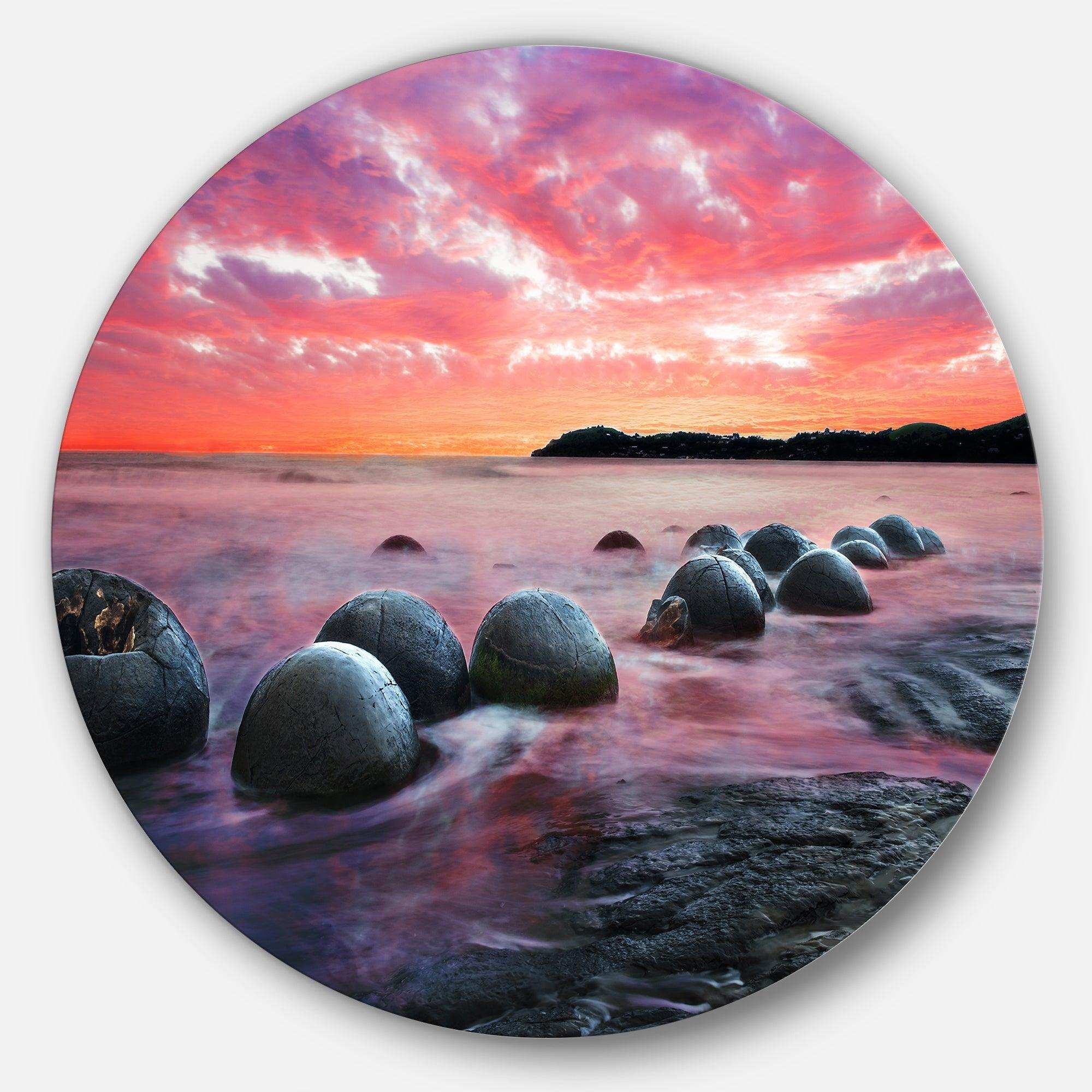 Moeraki Boulders at Sunset - Coastal Circle Metal Wall Decor