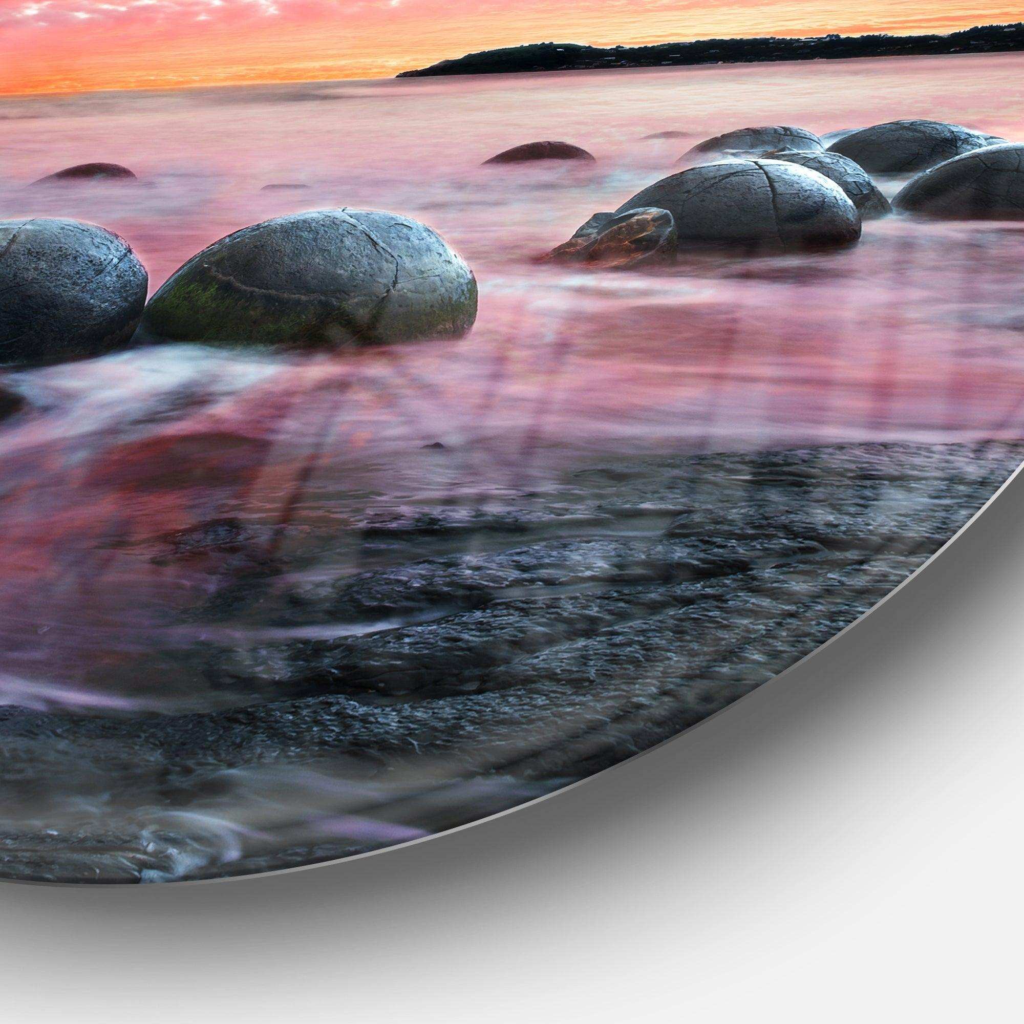Moeraki Boulders at Sunset - Coastal Circle Metal Wall Decor