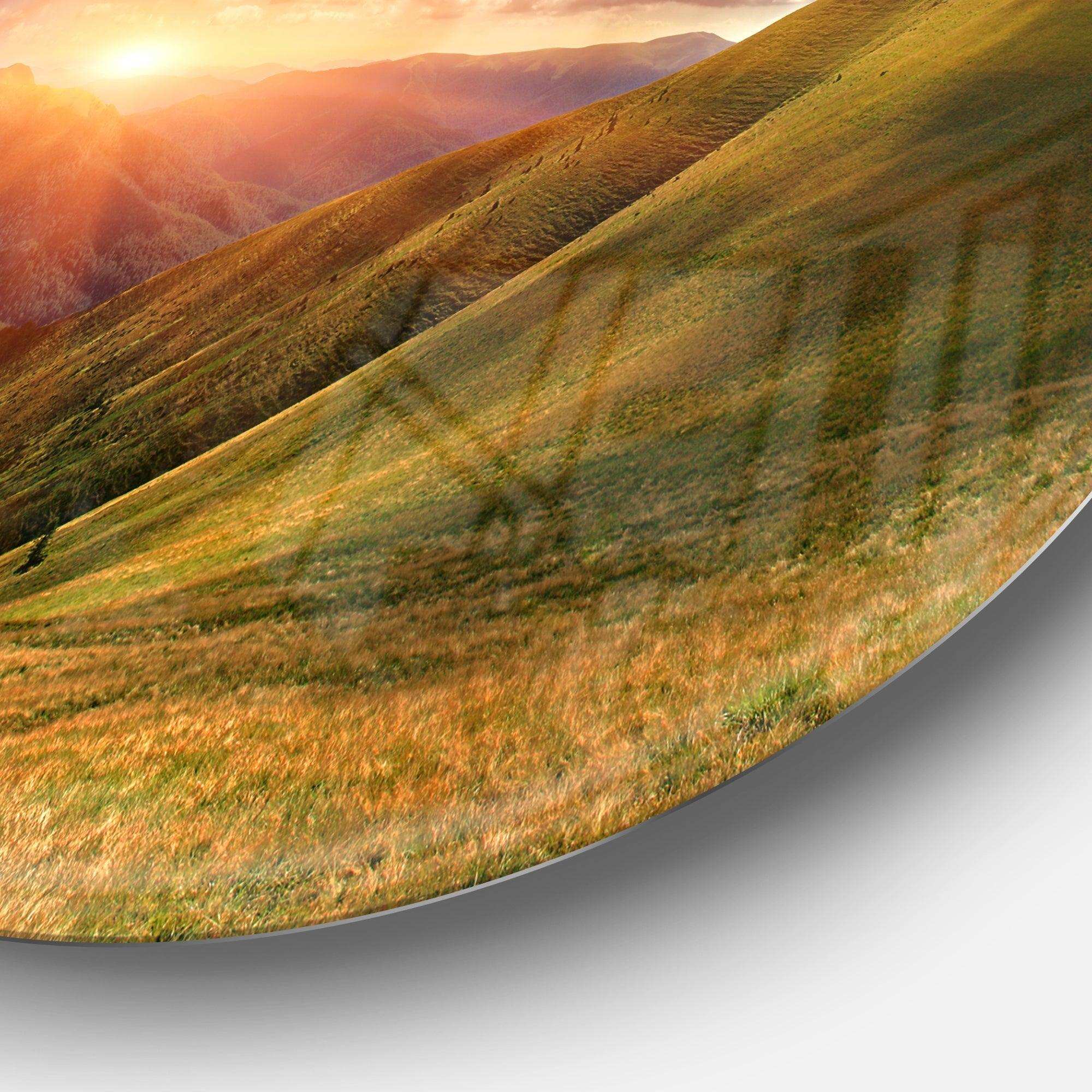 Sunrise Over Green Mountains - Landscape Metal Circle Wall Art