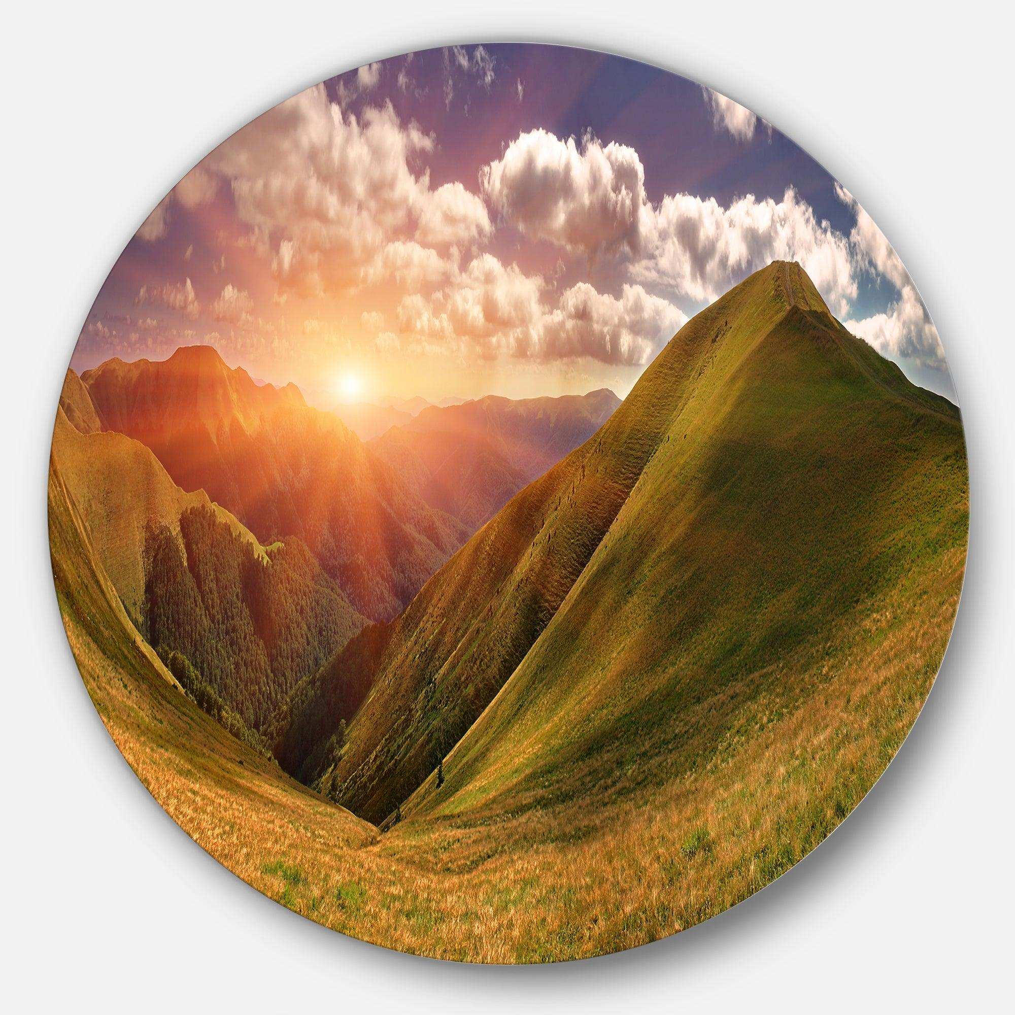 Sunrise Over Green Mountains - Landscape Metal Circle Wall Art