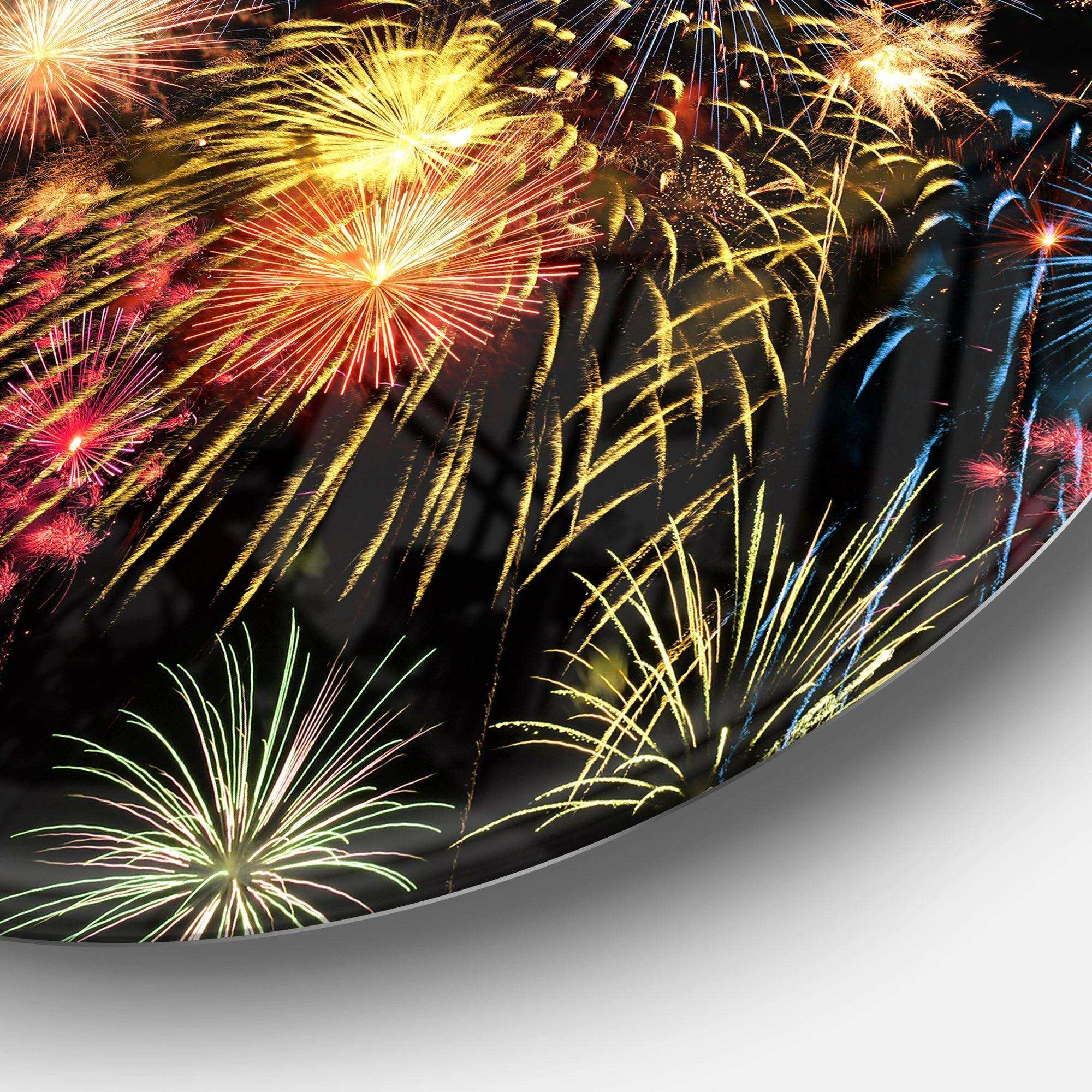 Colorful Fireworks at Night Sky - Landscape Photography Circle Metal Wall Decor