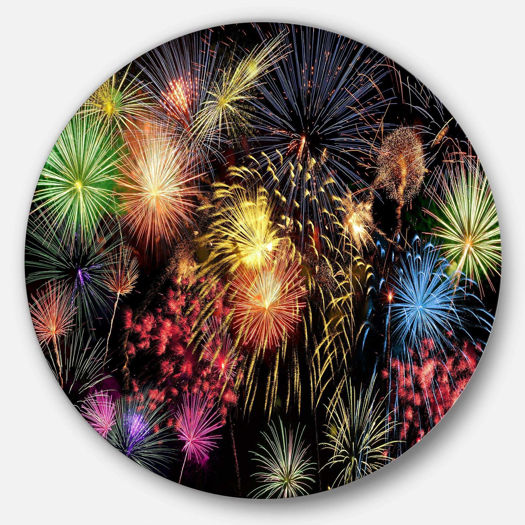 Colorful Fireworks at Night Sky - Landscape Photography Circle Metal Wall Decor