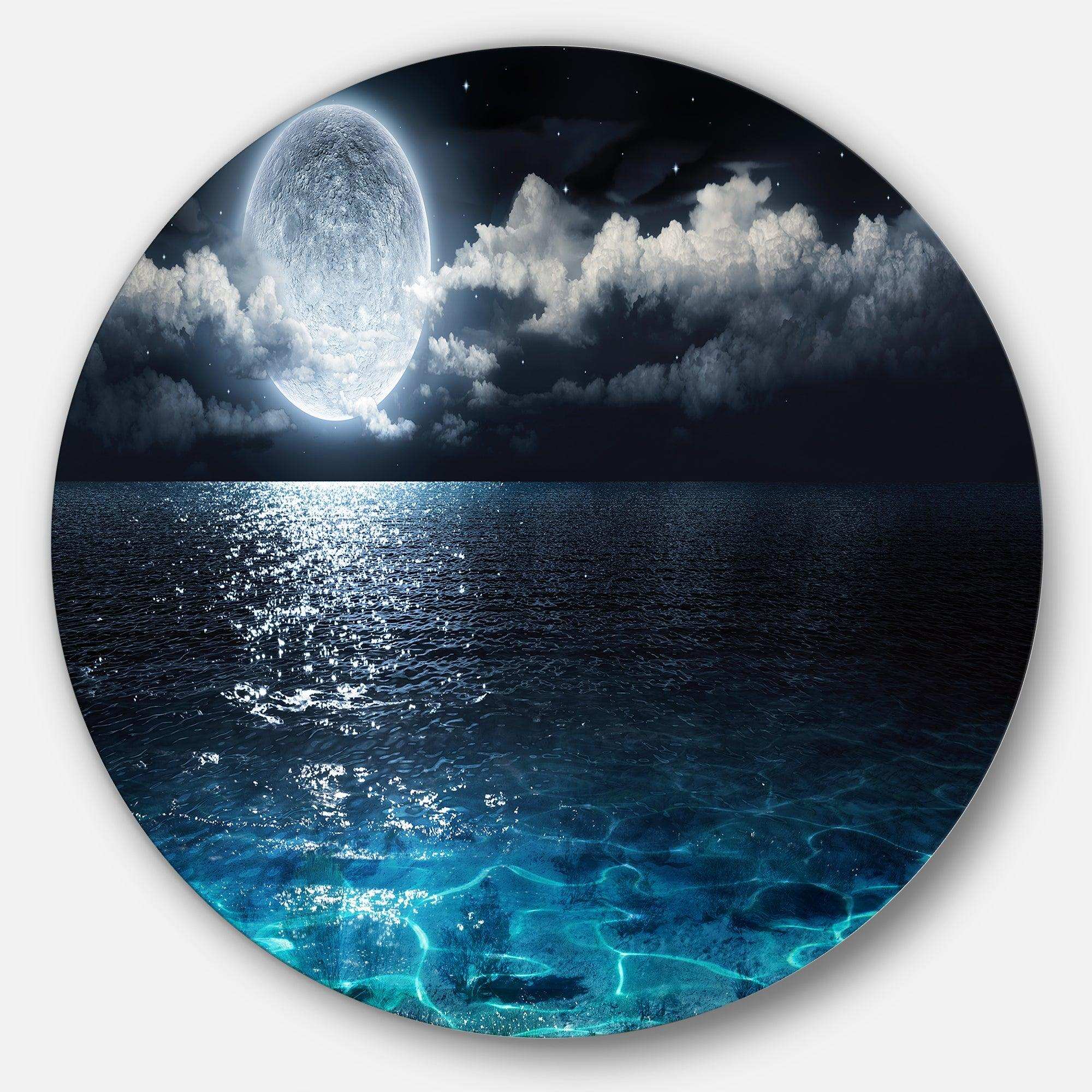 Romantic Full Moon Over Sea - Sea & Shore Oversized Circle Metal Wall Art