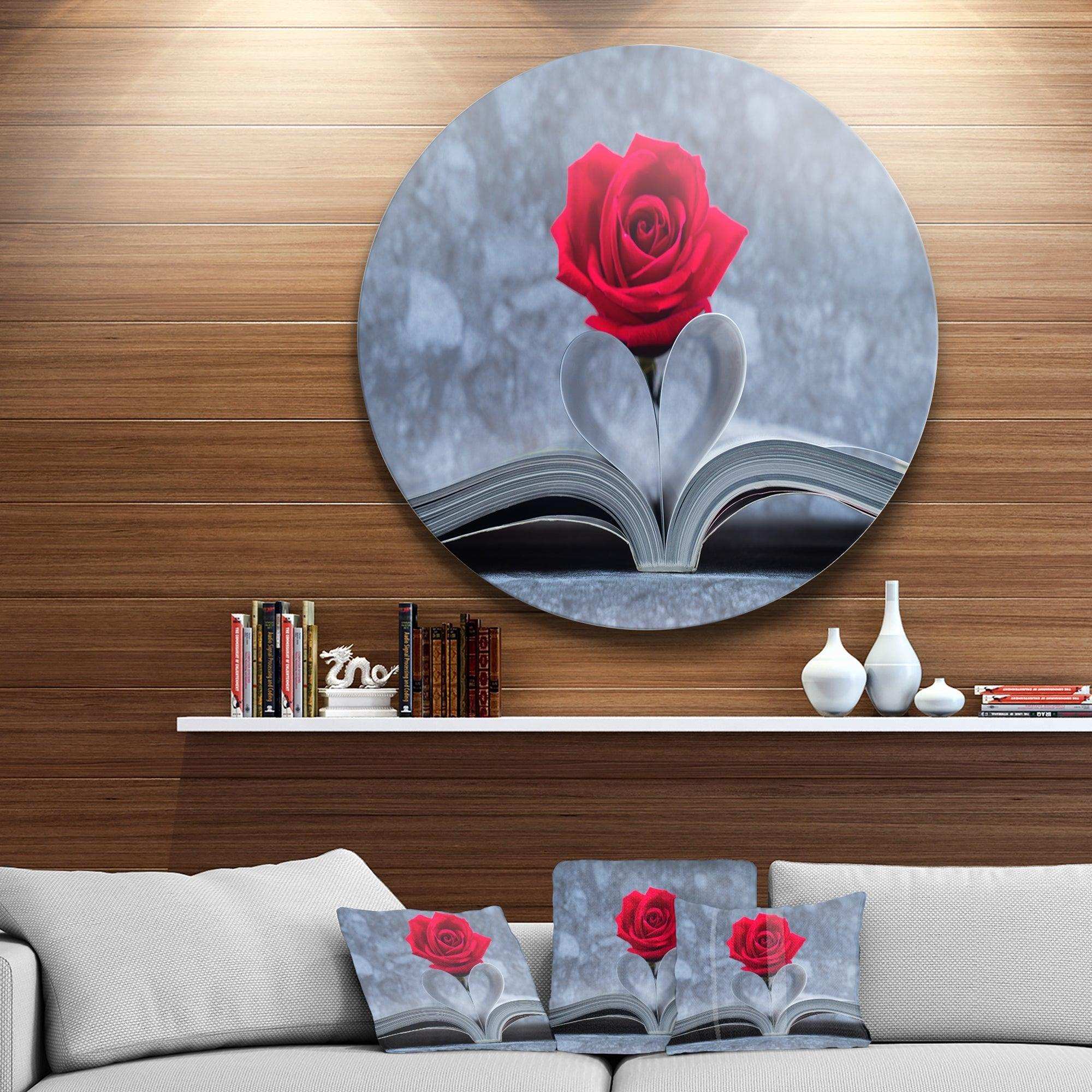 Red Rose Inside the Book - Floral Round Metal Wall Art