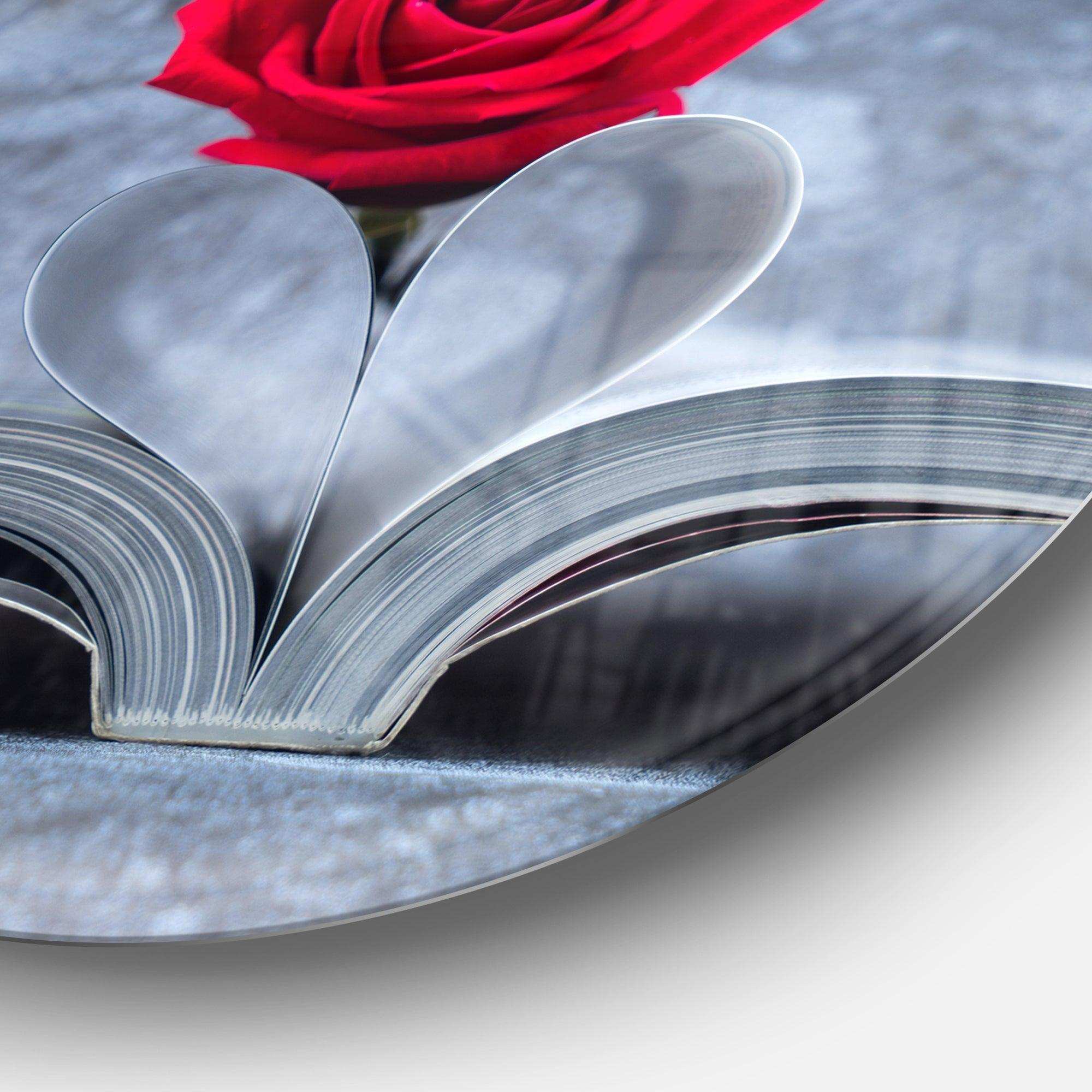 Red Rose Inside the Book - Floral Round Metal Wall Art