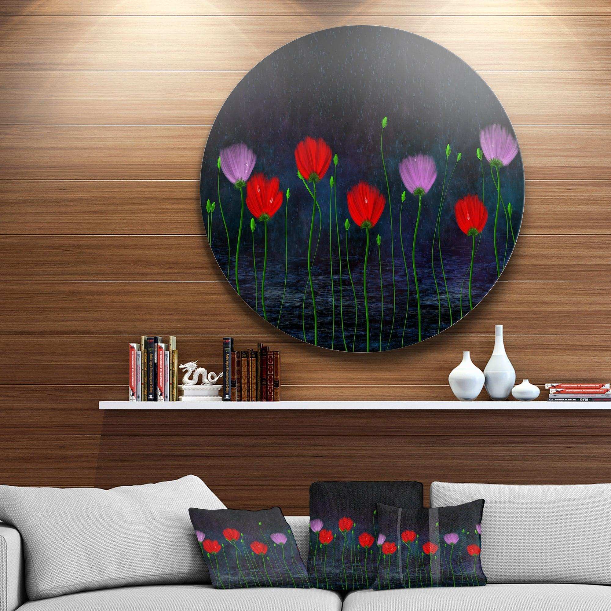 Rain and Flowers with Buds and Drops - Floral Metal Circle Wall Art