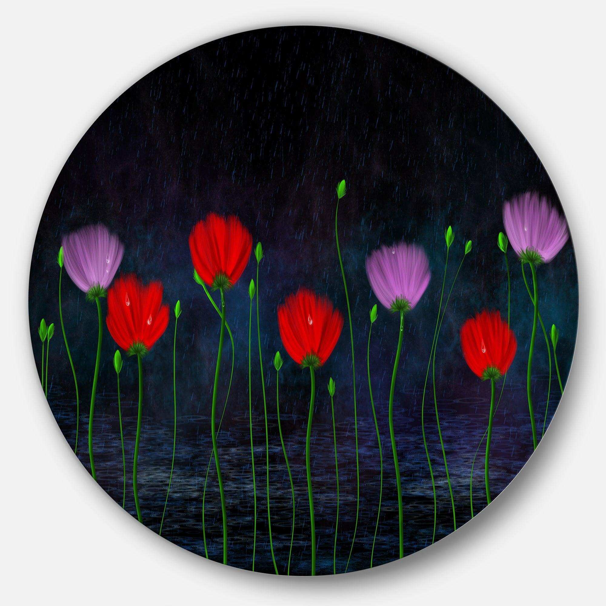 Rain and Flowers with Buds and Drops - Floral Metal Circle Wall Art
