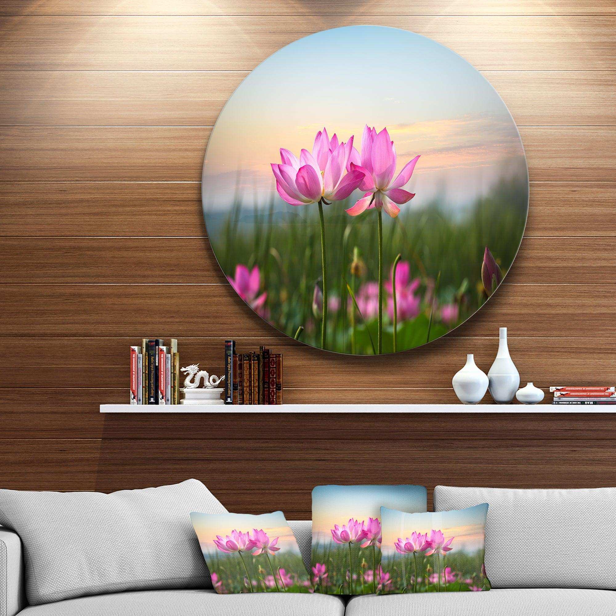 Blooming Lotus Flowers at Sunset - Floral Circle Metal Wall Decor
