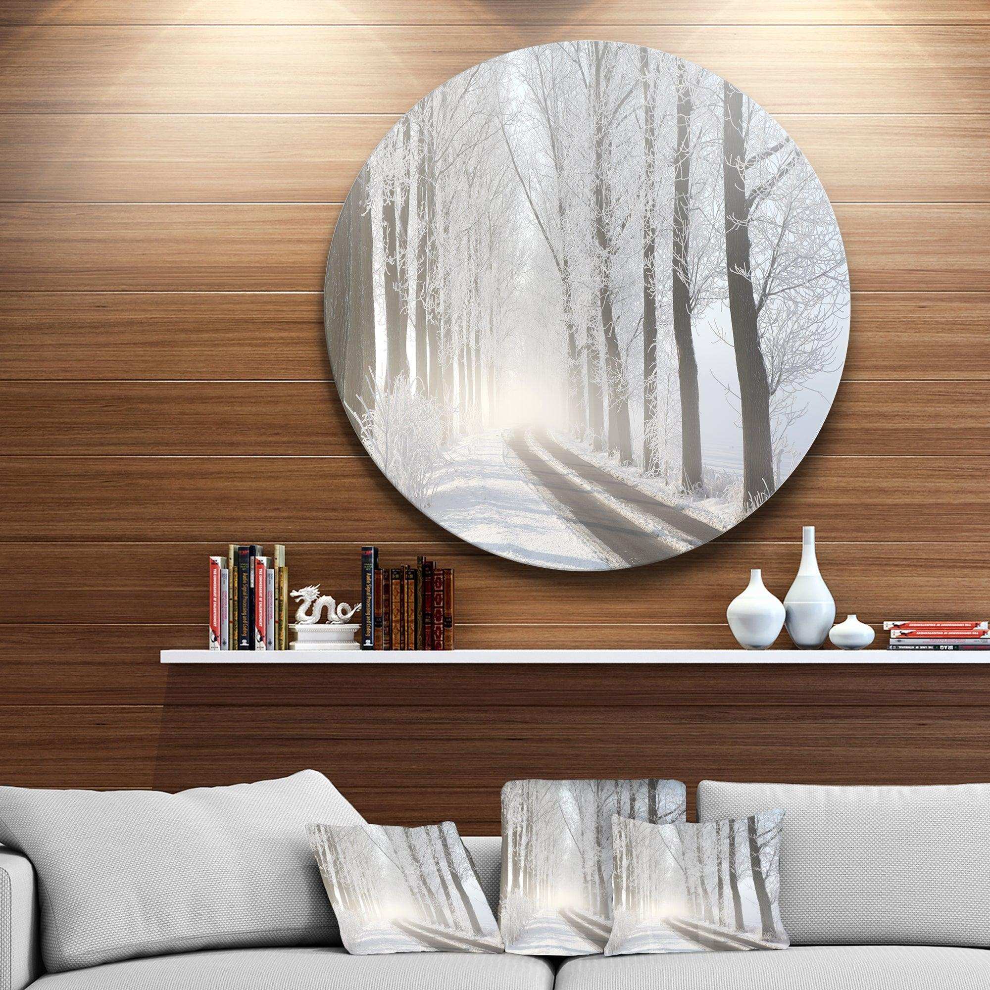 Winter Lane in Foggy Morning - Landscape Metal Circle Wall Art