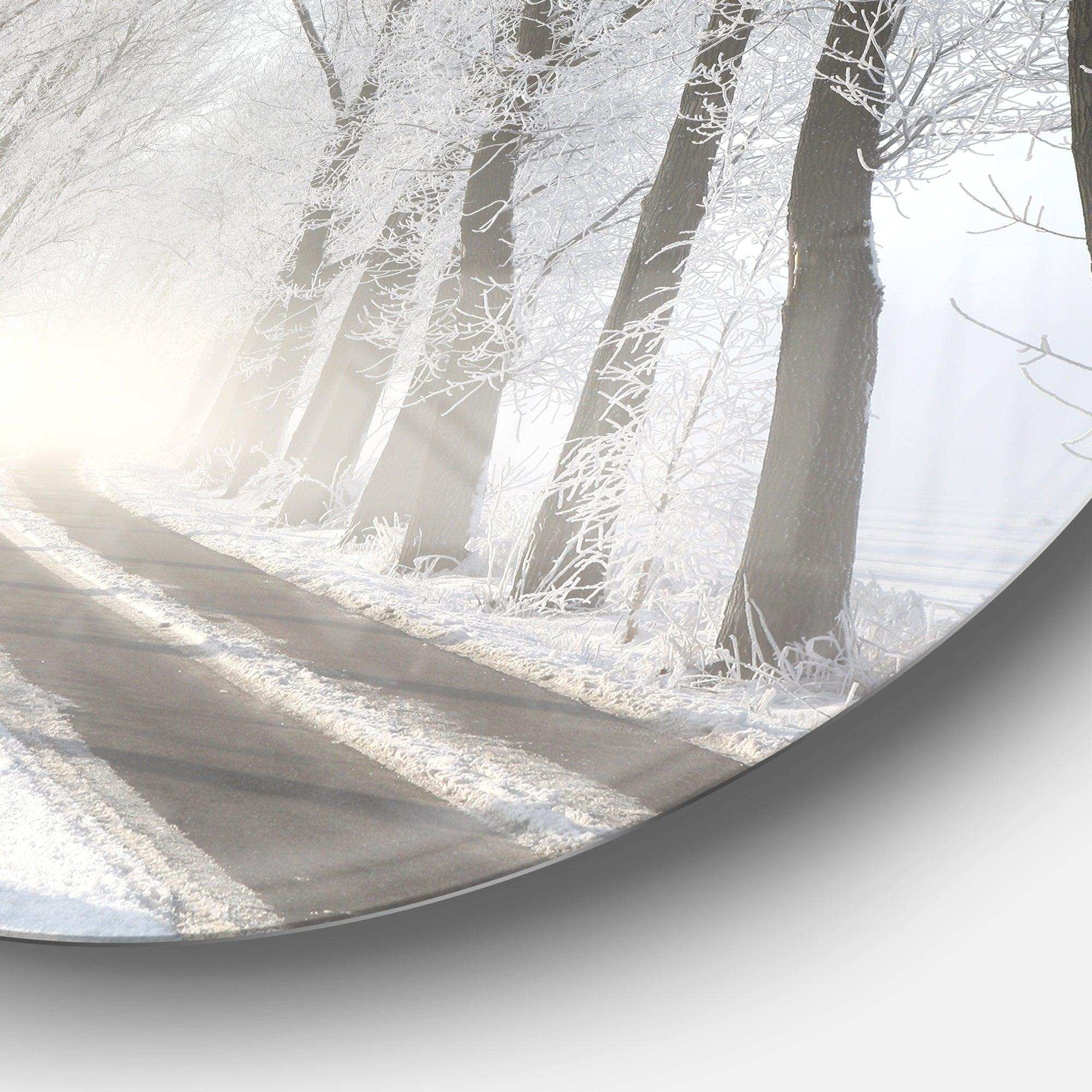 Winter Lane in Foggy Morning - Landscape Metal Circle Wall Art