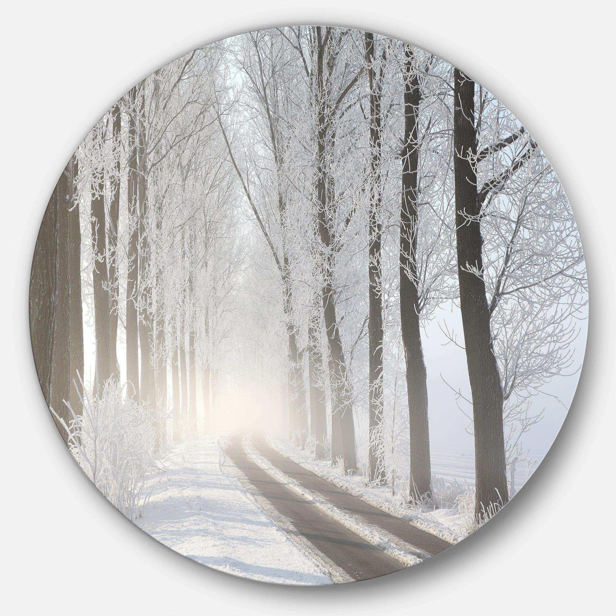 Winter Lane in Foggy Morning - Landscape Metal Circle Wall Art