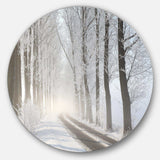 Winter Lane in Foggy Morning - Landscape Metal Circle Wall Art