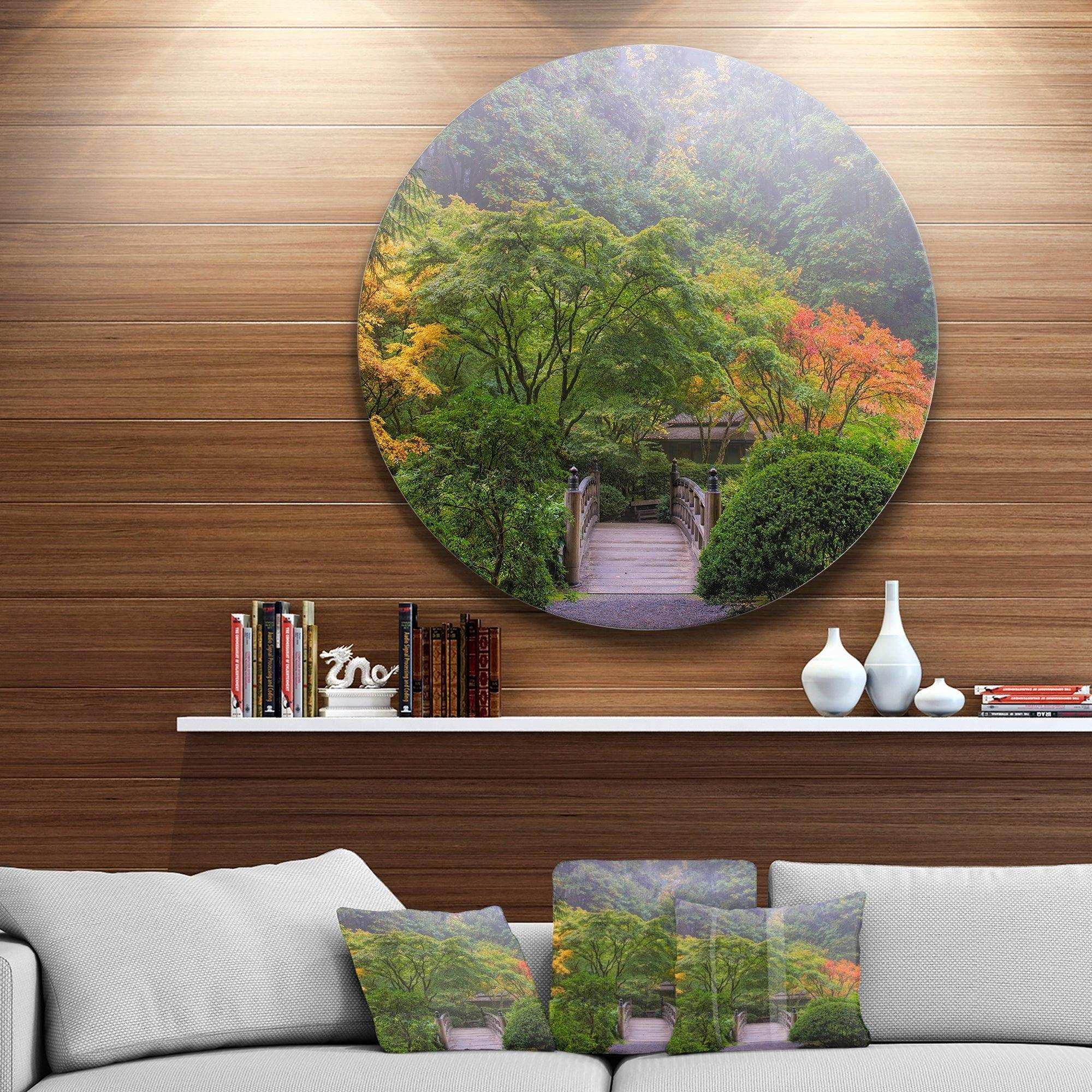 Foggy Dawn in Japanese Garden - Landscape Photography Metal Circle Wall Art