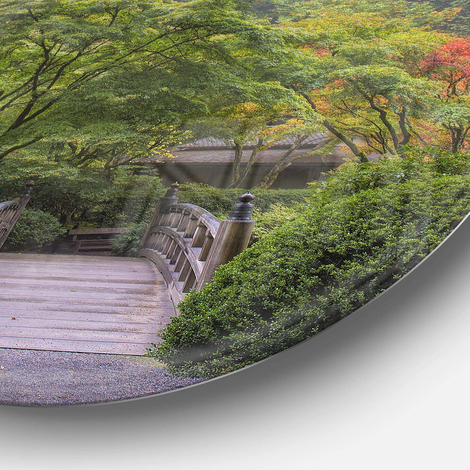 Foggy Dawn in Japanese Garden - Landscape Photography Metal Circle Wall Art