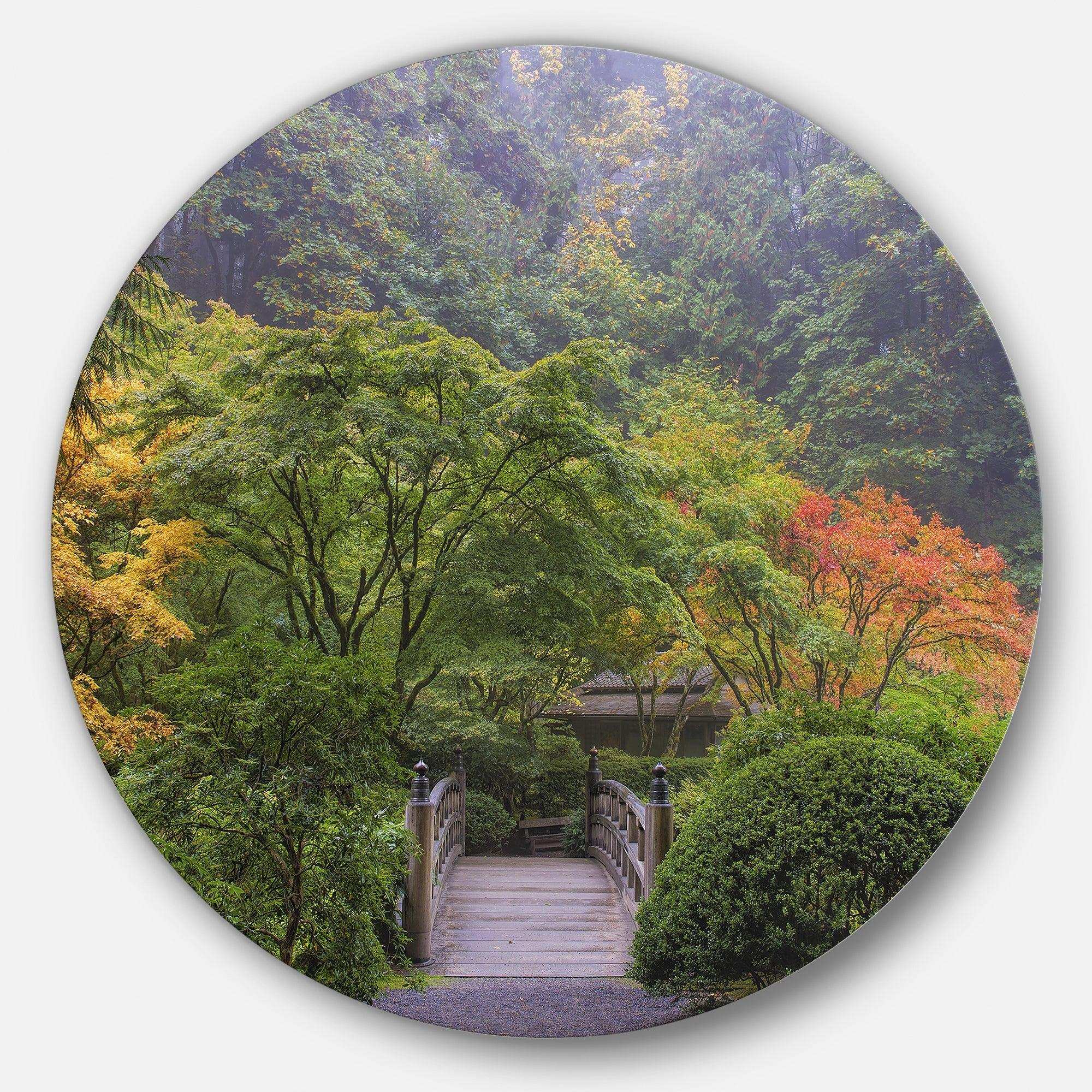 Foggy Dawn in Japanese Garden - Landscape Photography Metal Circle Wall Art