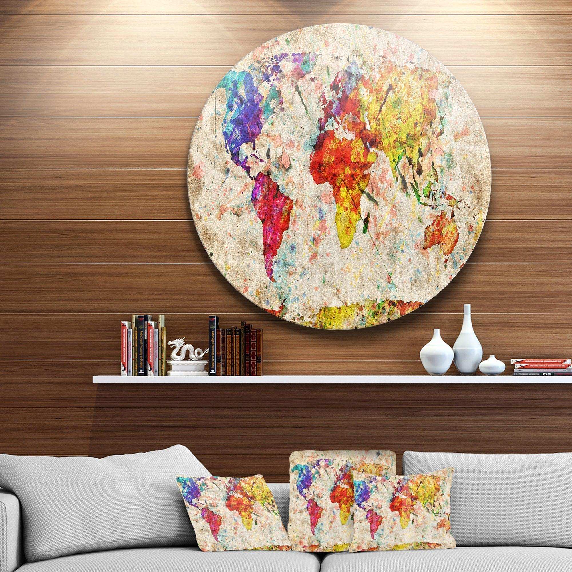 Vintage World Map Watercolor - Map Metal Circle Wall Art