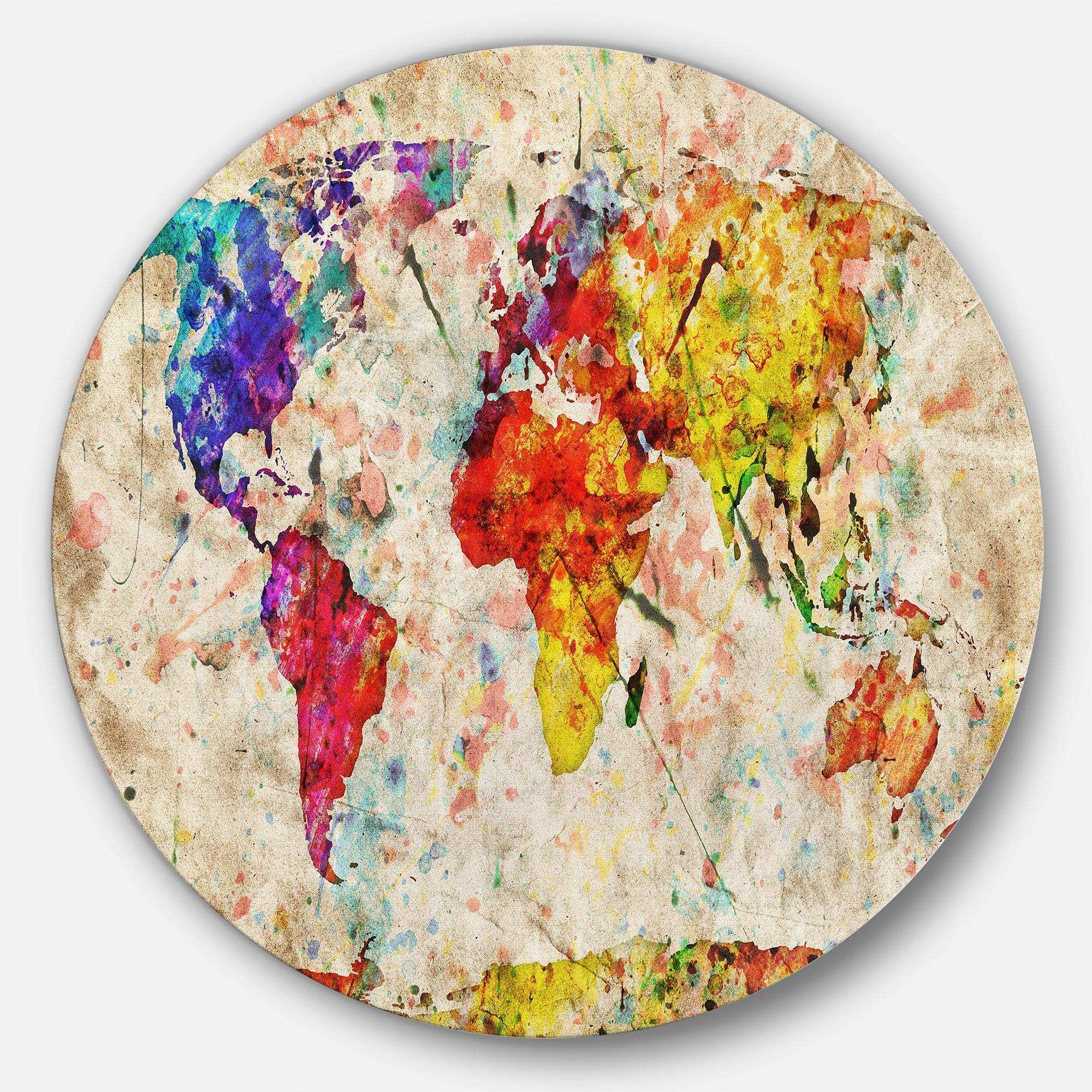Vintage World Map Watercolor - Map Metal Circle Wall Art