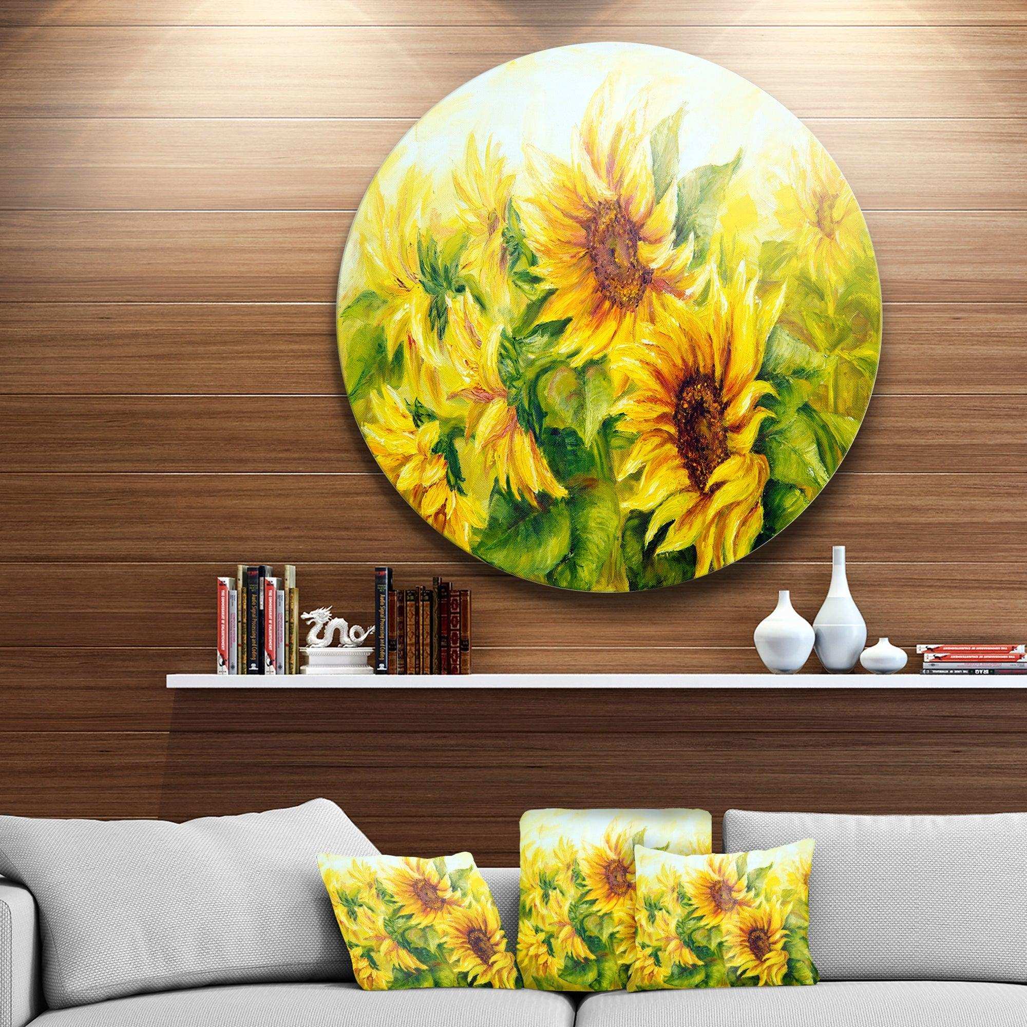 Bright Yellow Sunny Sunflowers - Floral Metal Circle Wall Art