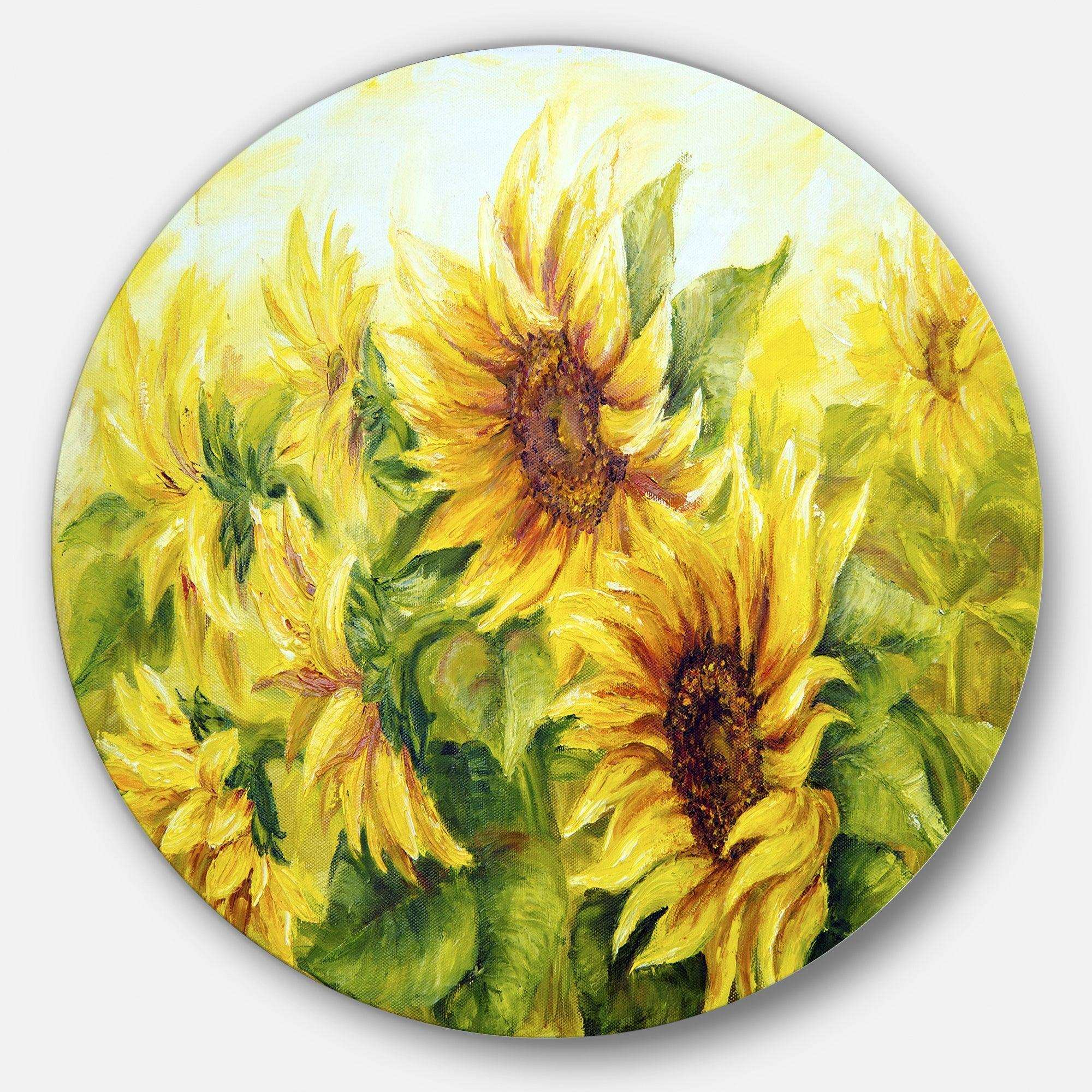 Bright Yellow Sunny Sunflowers - Floral Metal Circle Wall Art