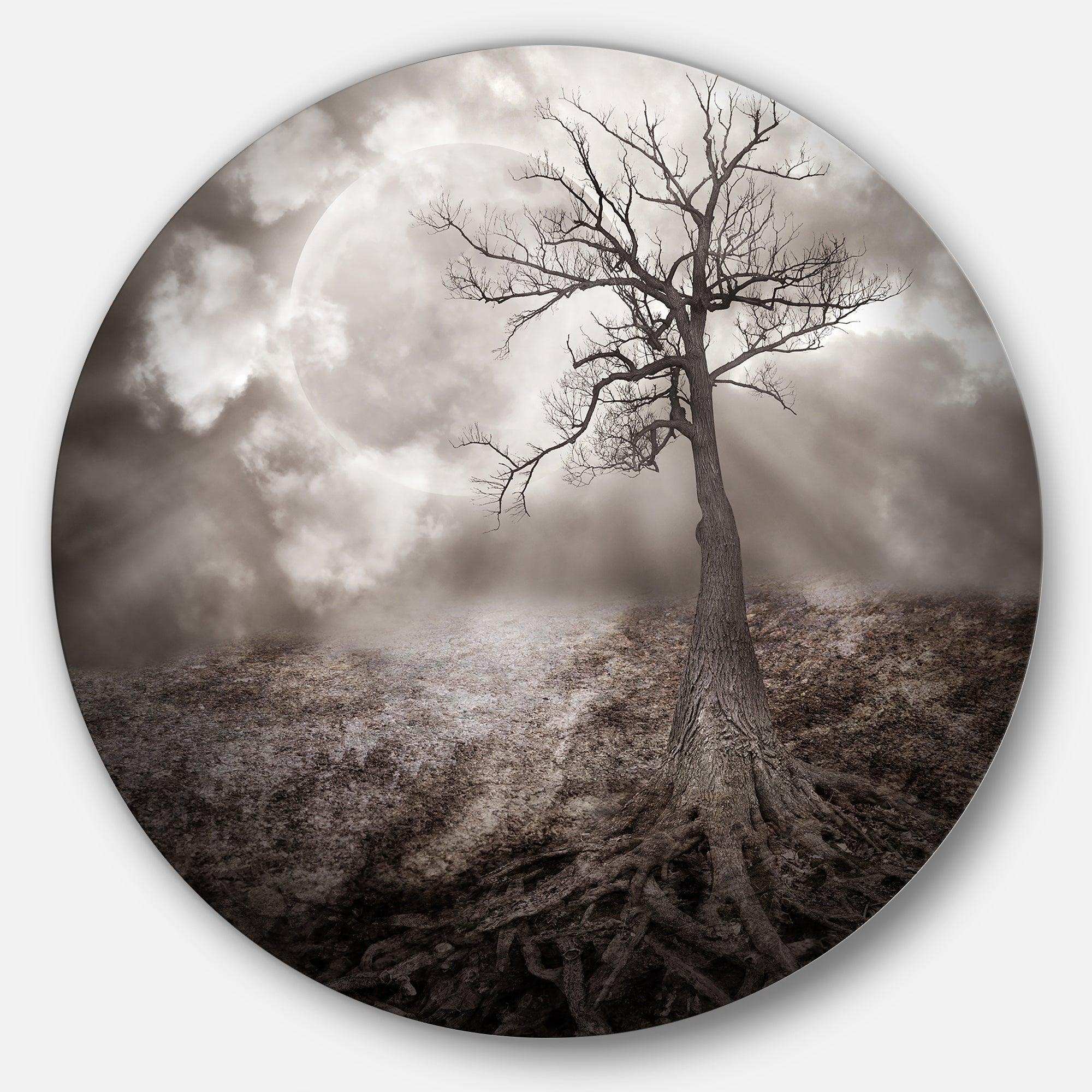 Lonely Tree Holding the Moon - Landscape Metal Circle Wall Art