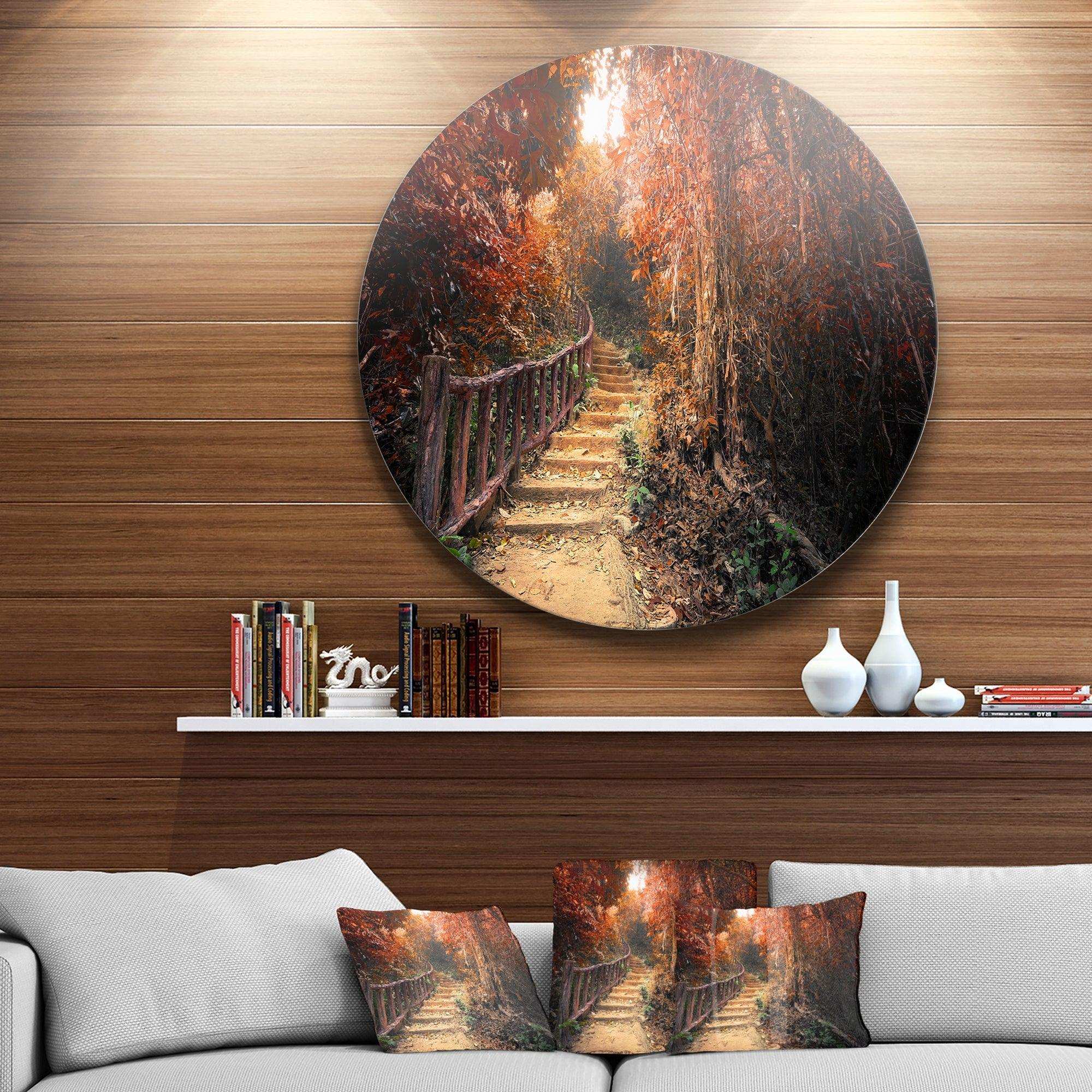 Stairway Through Red Fall Forest - Landscape Round Metal Wall Art