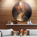 Stairway Through Red Fall Forest - Landscape Round Metal Wall Art