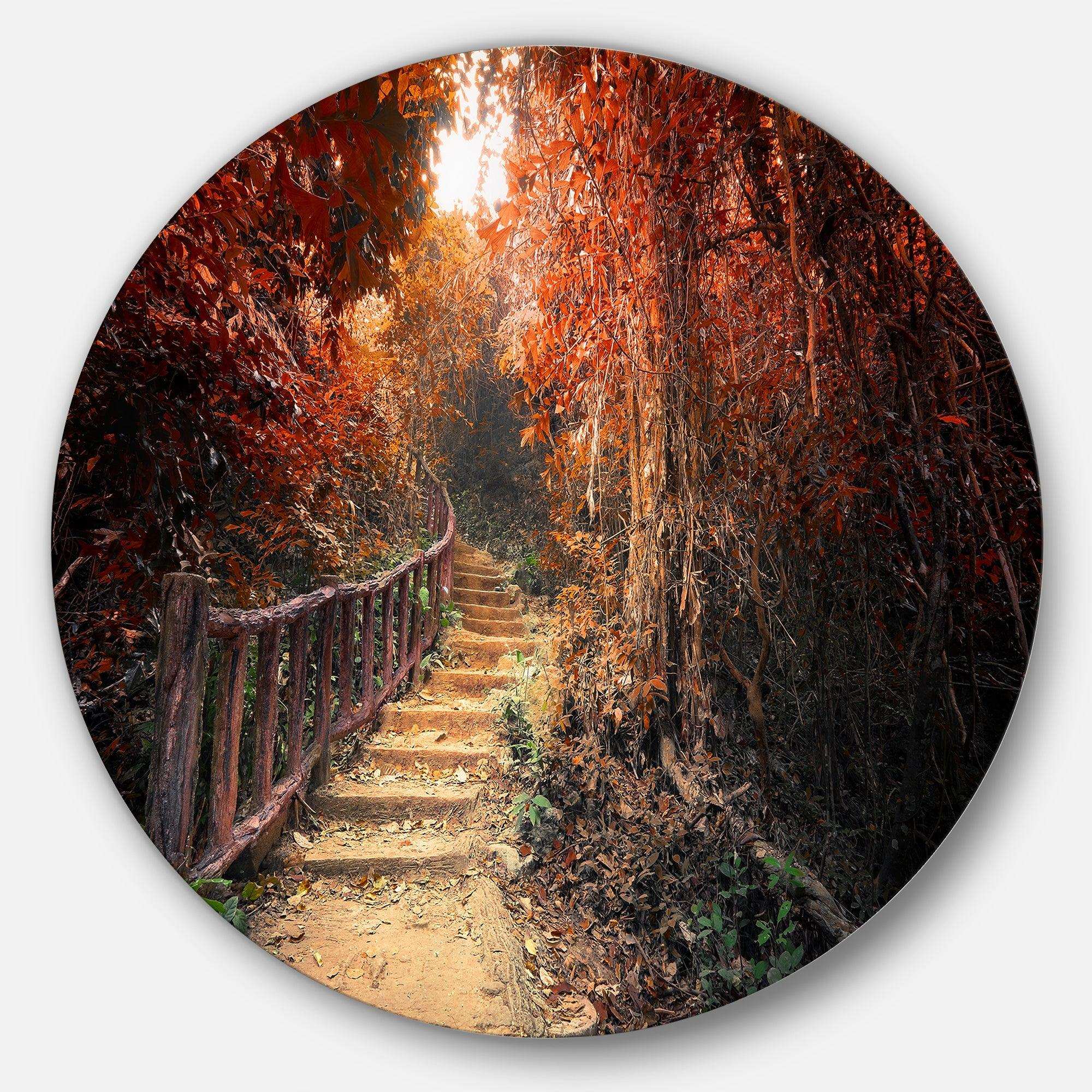Stairway Through Red Fall Forest - Landscape Round Metal Wall Art