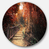 Stairway Through Red Fall Forest - Landscape Round Metal Wall Art