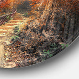 Stairway Through Red Fall Forest - Landscape Round Metal Wall Art