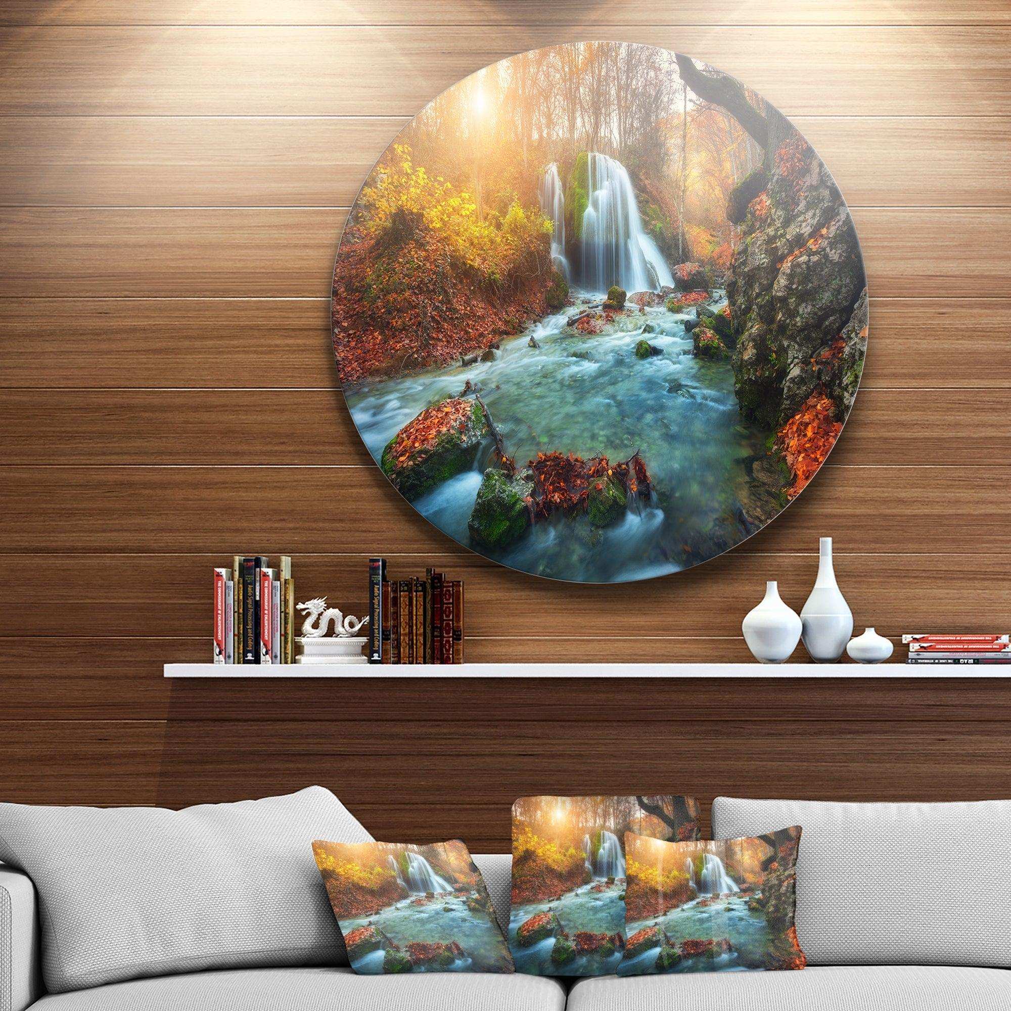 Fast Flowing Fall River in Forest - Landscape Round Metal Wall Art