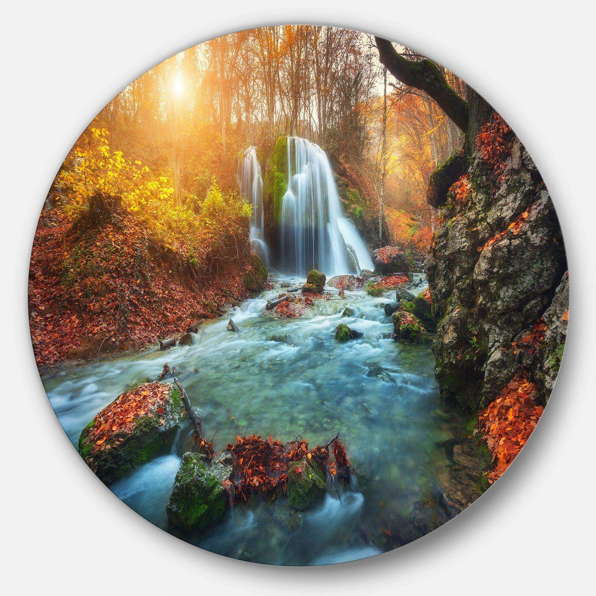 Fast Flowing Fall River in Forest - Landscape Round Metal Wall Art