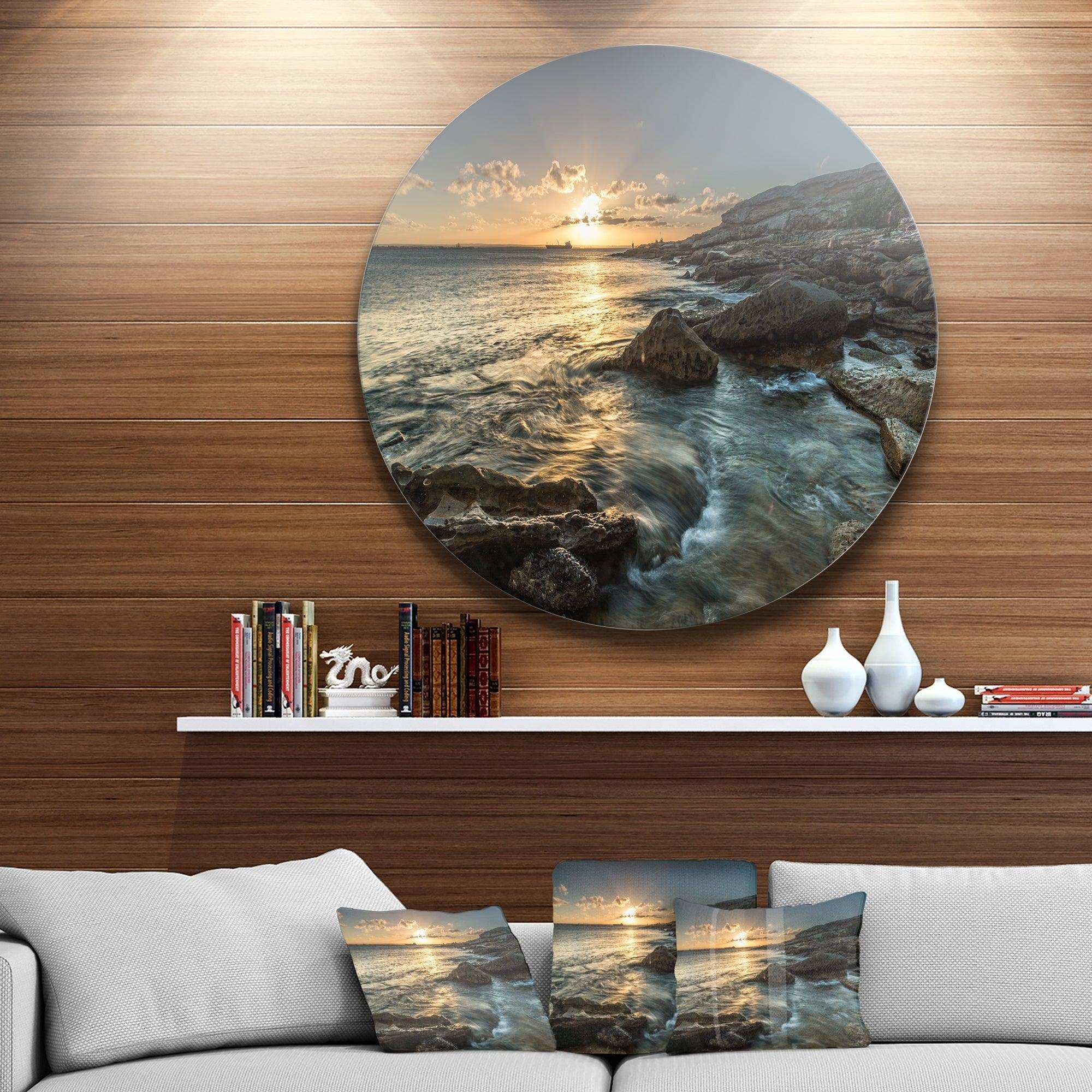 Sydney Beach with Bright Sunset - Sea & Shore Circle Metal Wall Decor