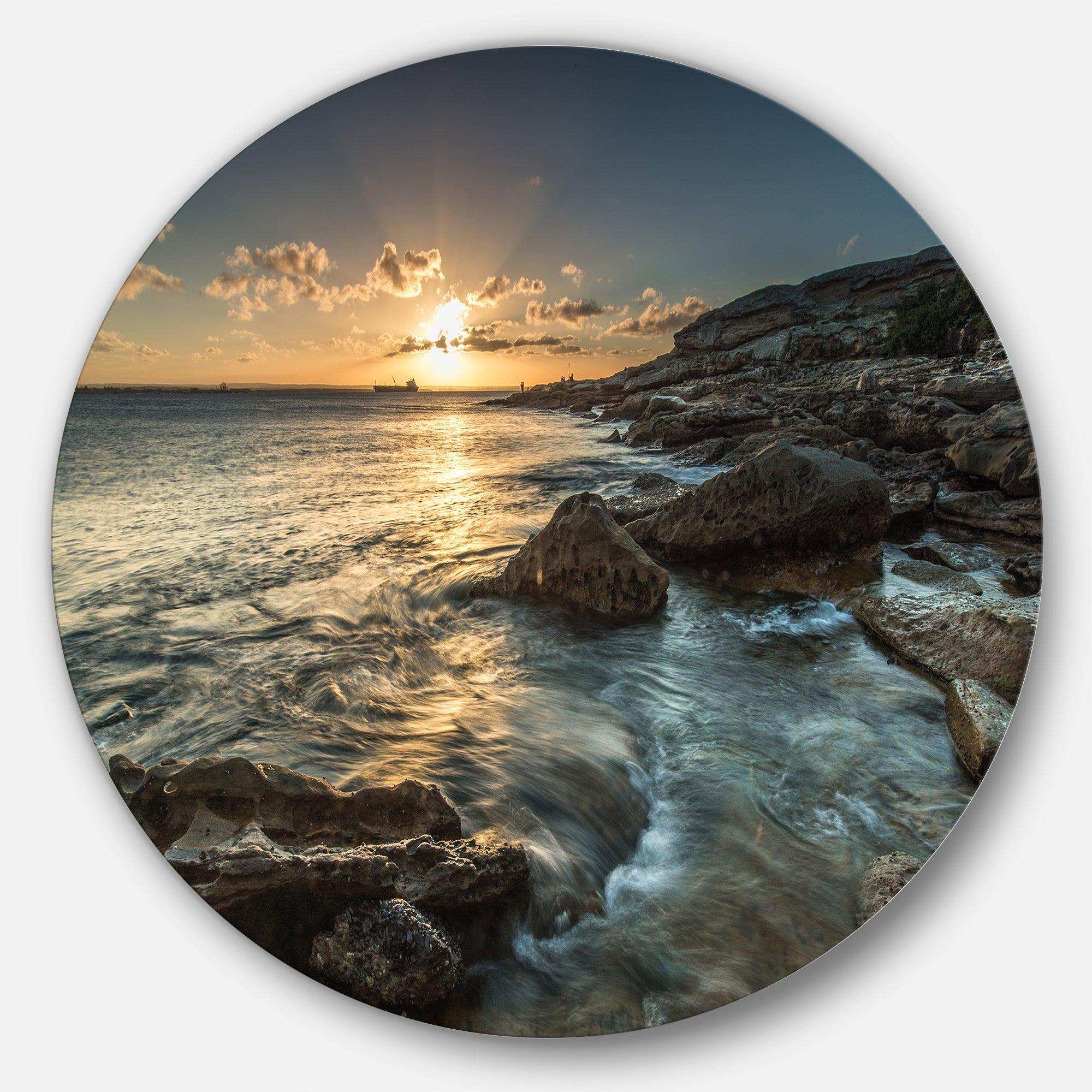 Sydney Beach with Bright Sunset - Sea & Shore Circle Metal Wall Decor