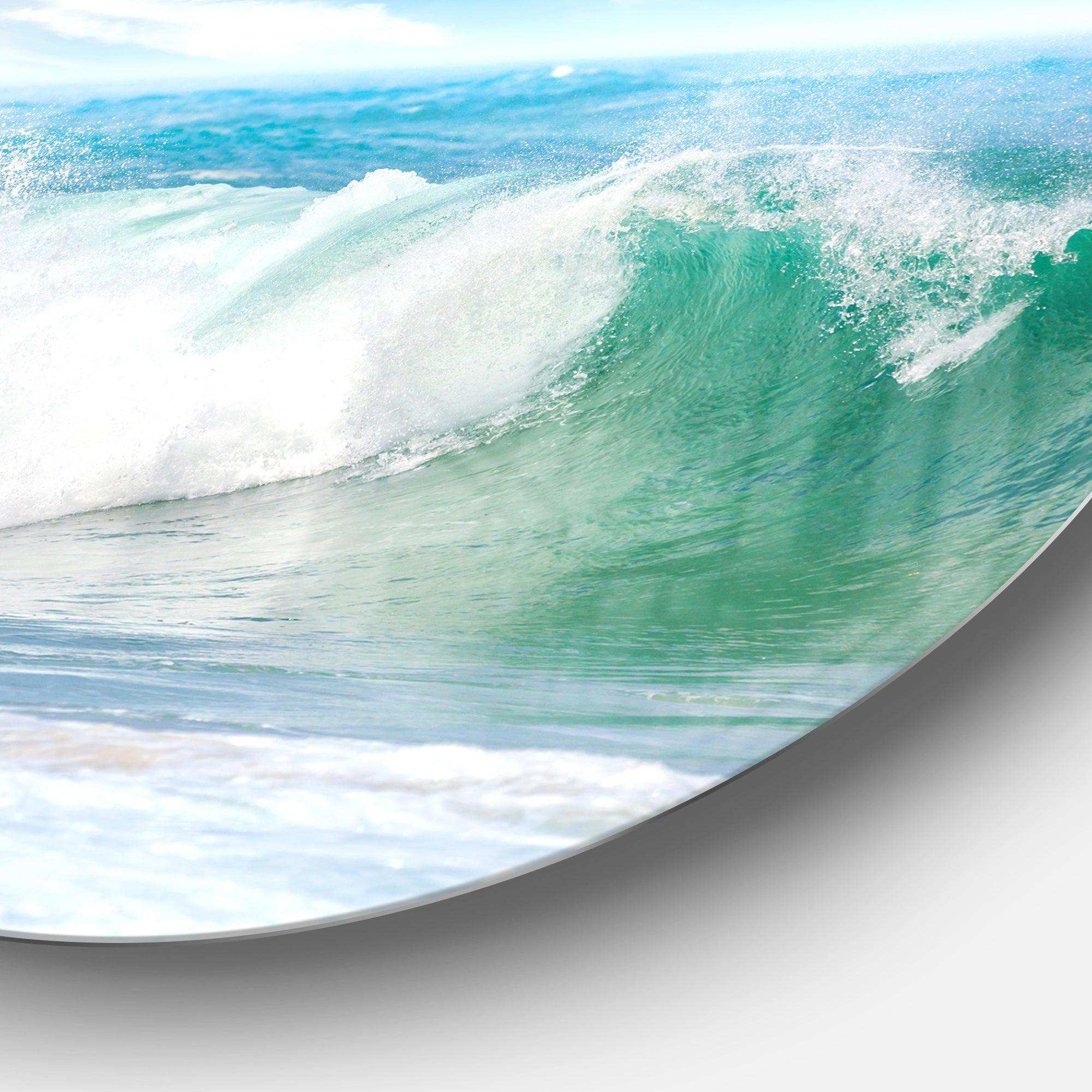 White and Blue Waves under Sun - Sea & Shore Circle Metal Wall Decor