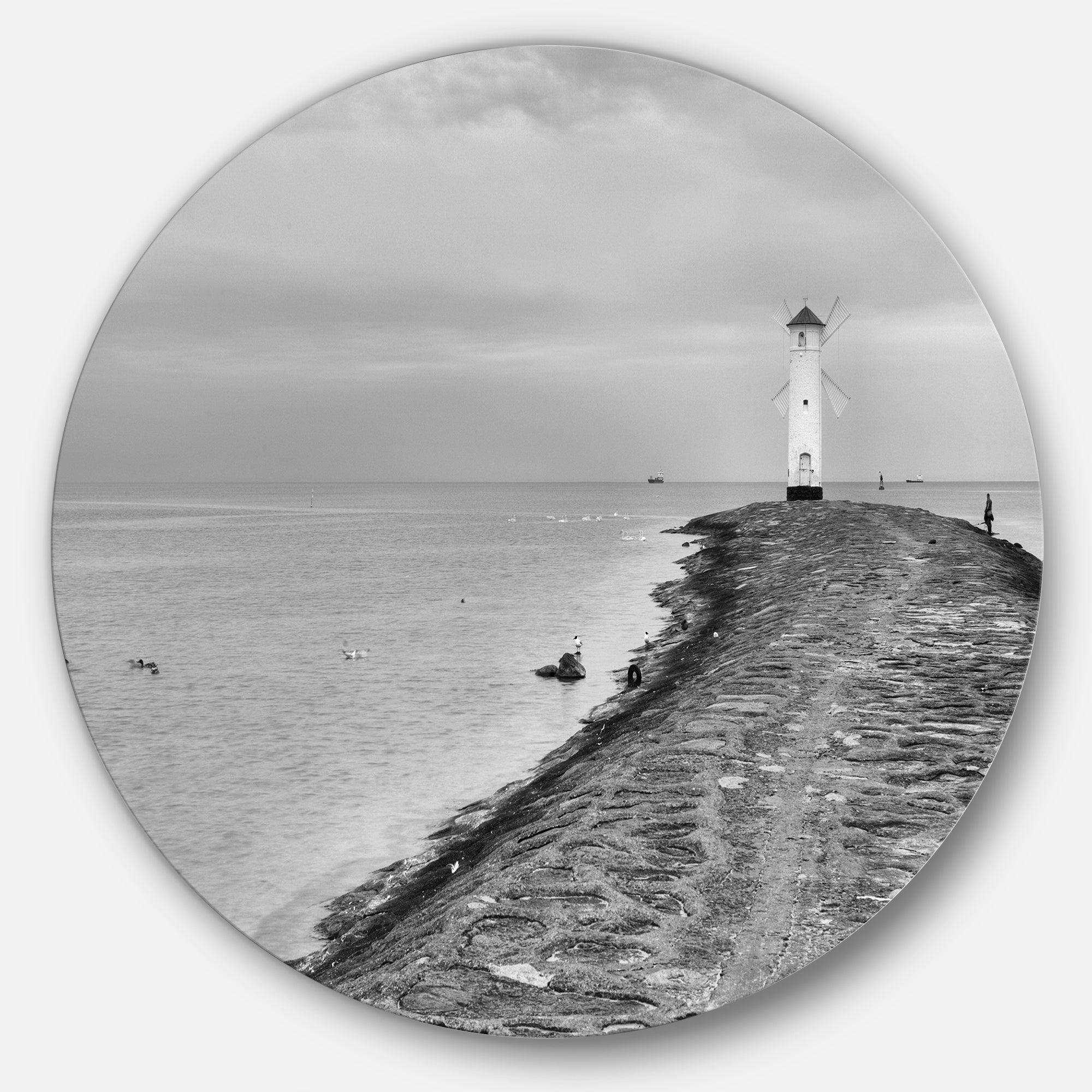 Lighthouse Windmill Stawa Mlyny in Grey - Sea & Shore Metal Circle Wall Art