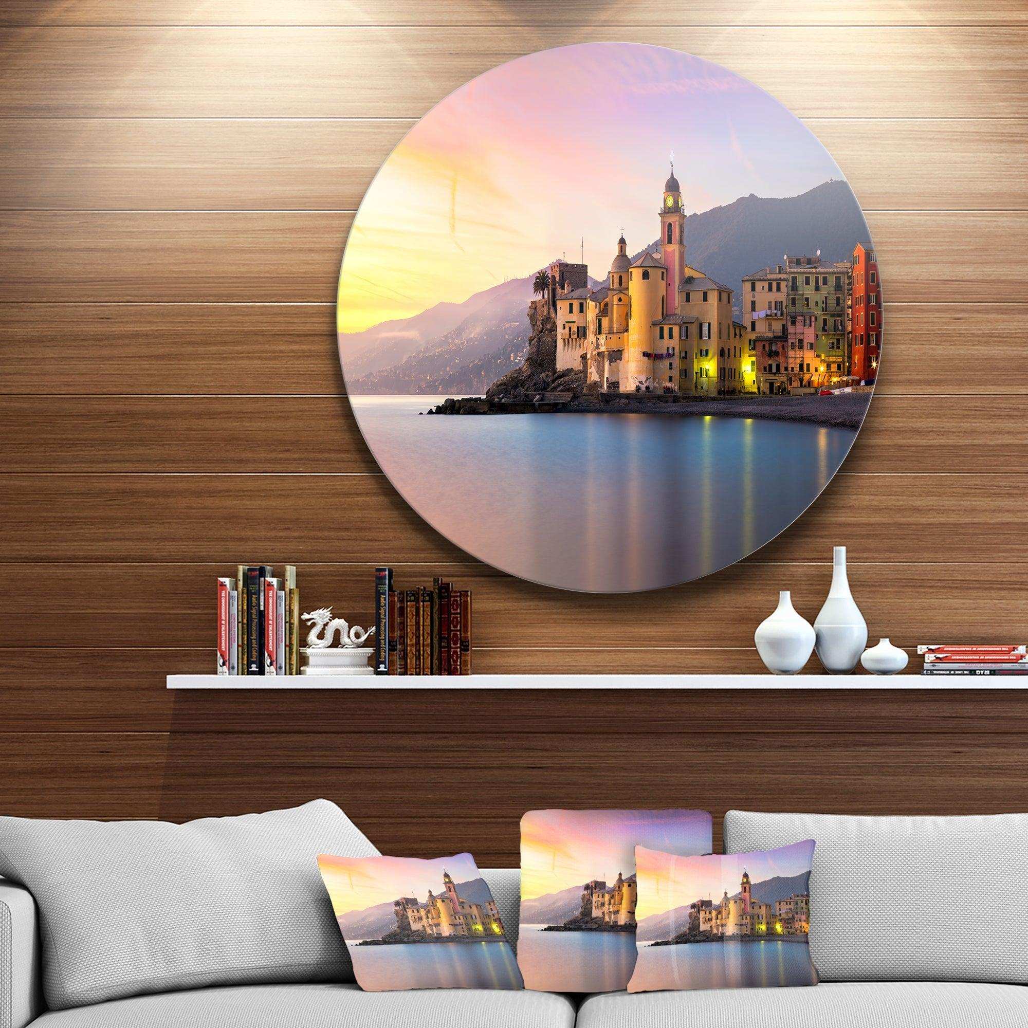 Old Mediterranean Town at Sunrise - Sea & Shore Round Metal Wall Art