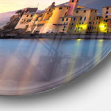 Old Mediterranean Town at Sunrise - Sea & Shore Round Metal Wall Art