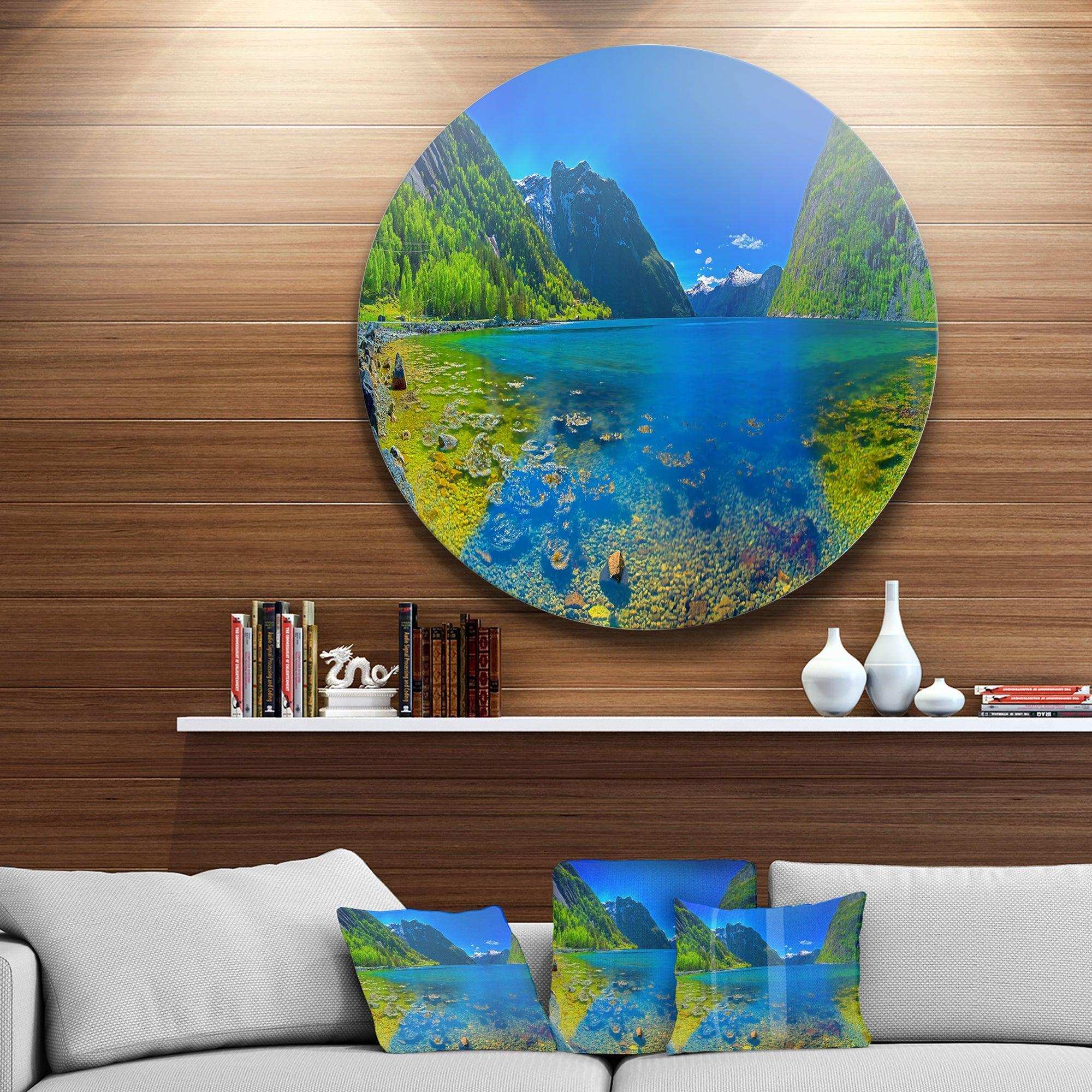Panoramic View of Norwegian Fjord - Landscape Metal Circle Wall Art
