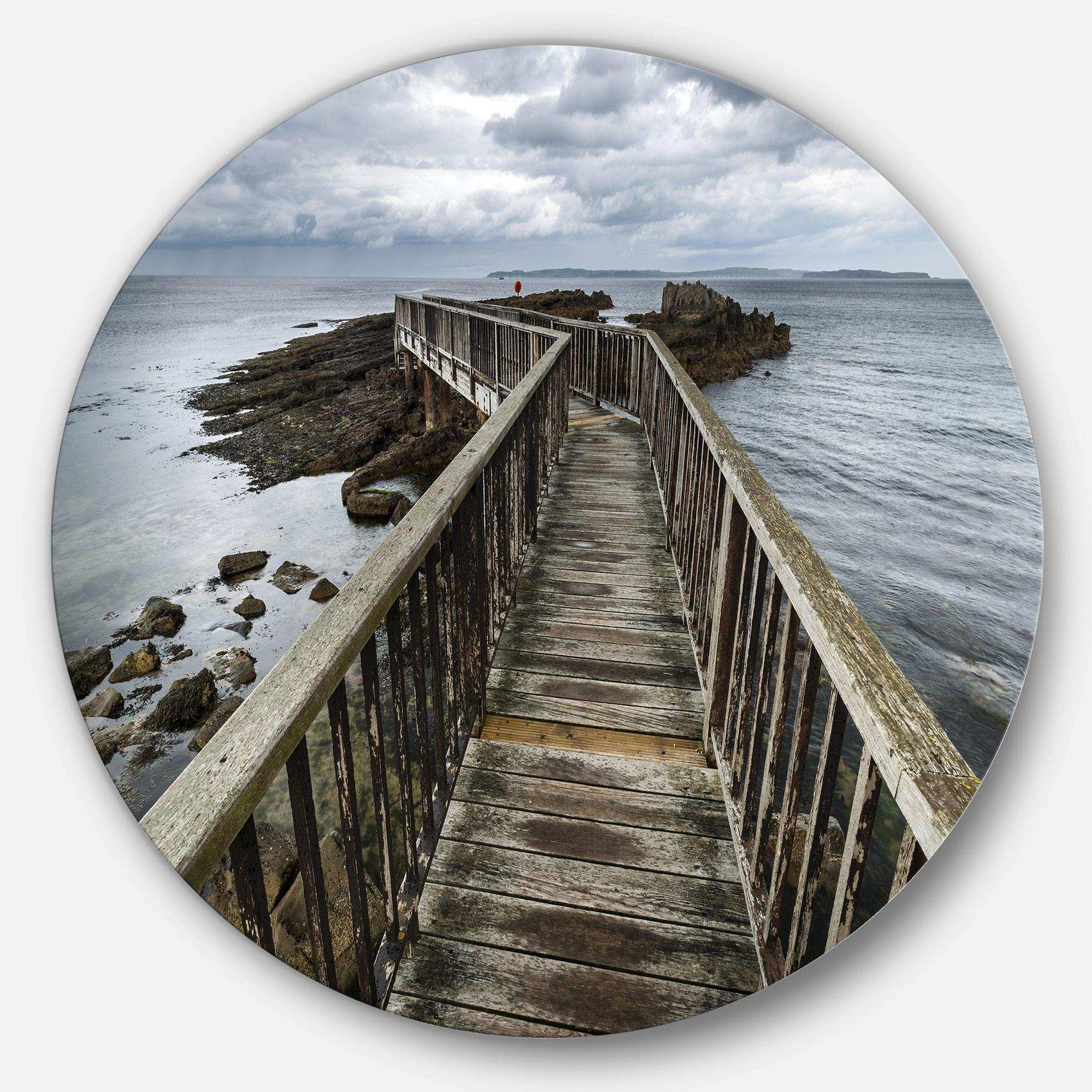 Wooden Pier on North Irish Coastline - Coastal Circle Metal Wall Decor