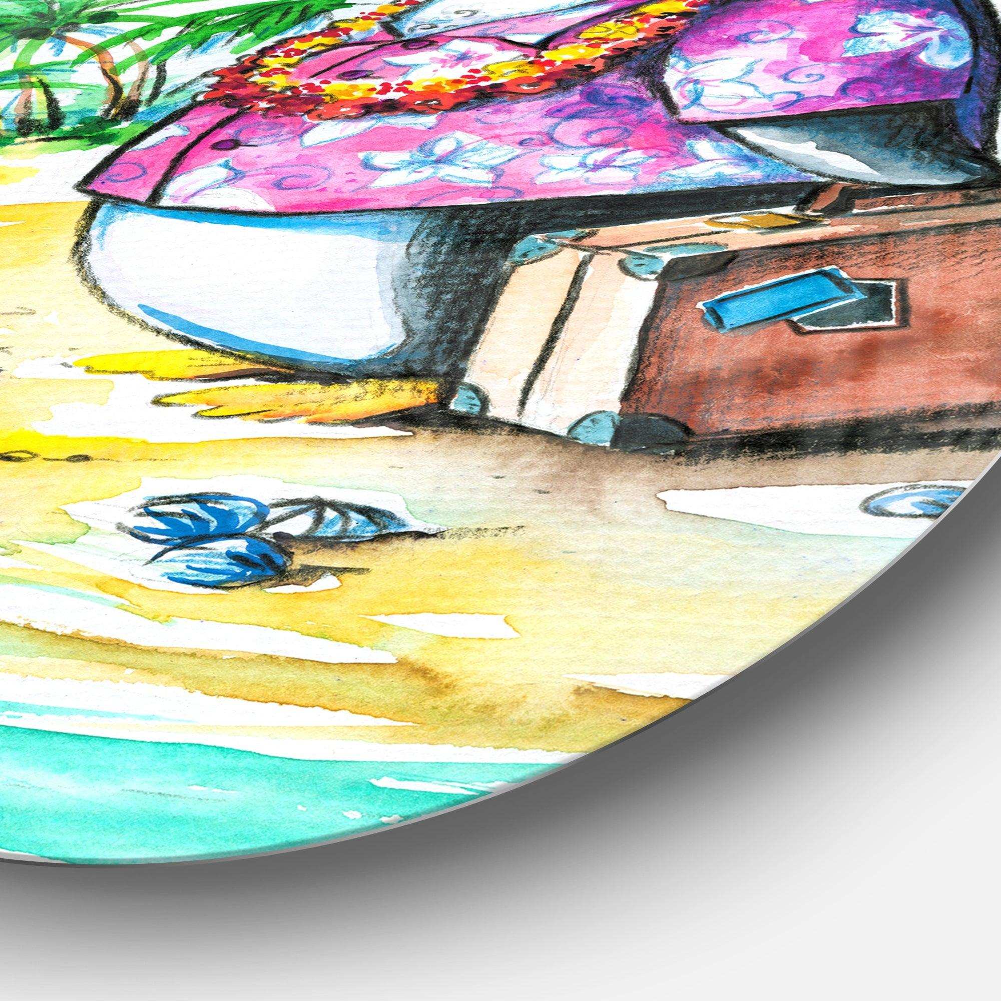 Penguin Enjoying Holidays on Beach - Cartoon Animal Round Metal Wall Art