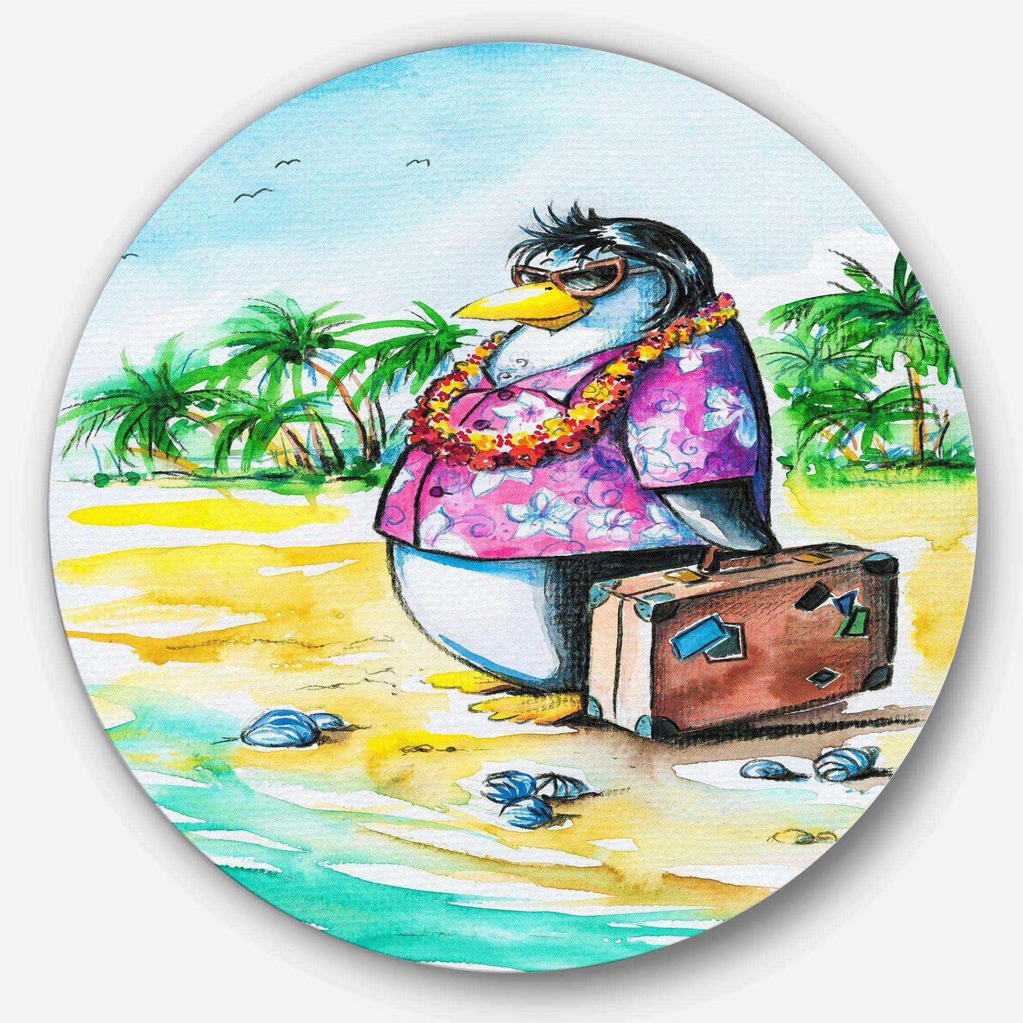 Penguin Enjoying Holidays on Beach - Cartoon Animal Round Metal Wall Art
