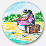 Penguin Enjoying Holidays on Beach - Cartoon Animal Round Metal Wall Art