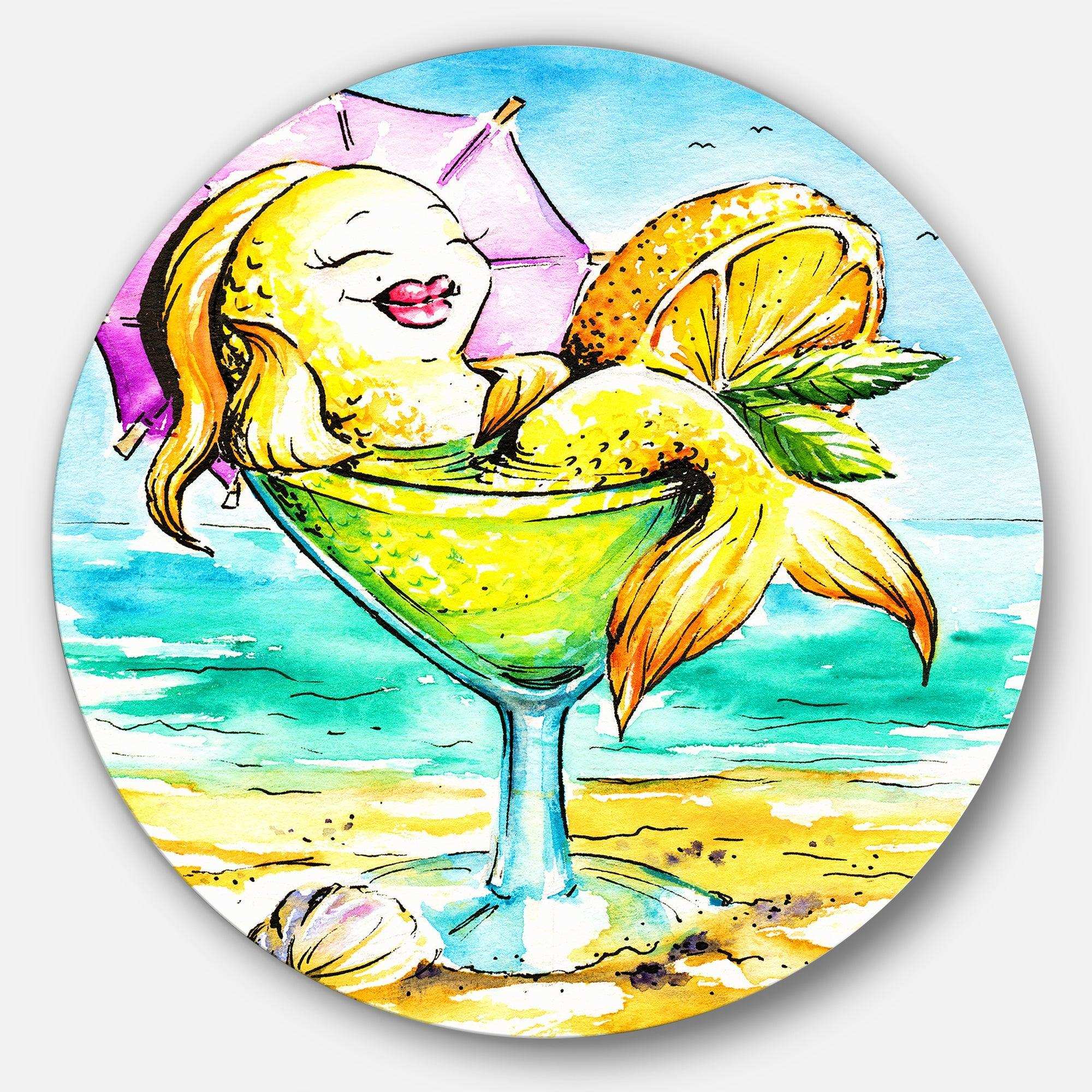 Gold Fish Enjoying Holidays on Beach - Cartoon Animal Circle Metal Wall Decor