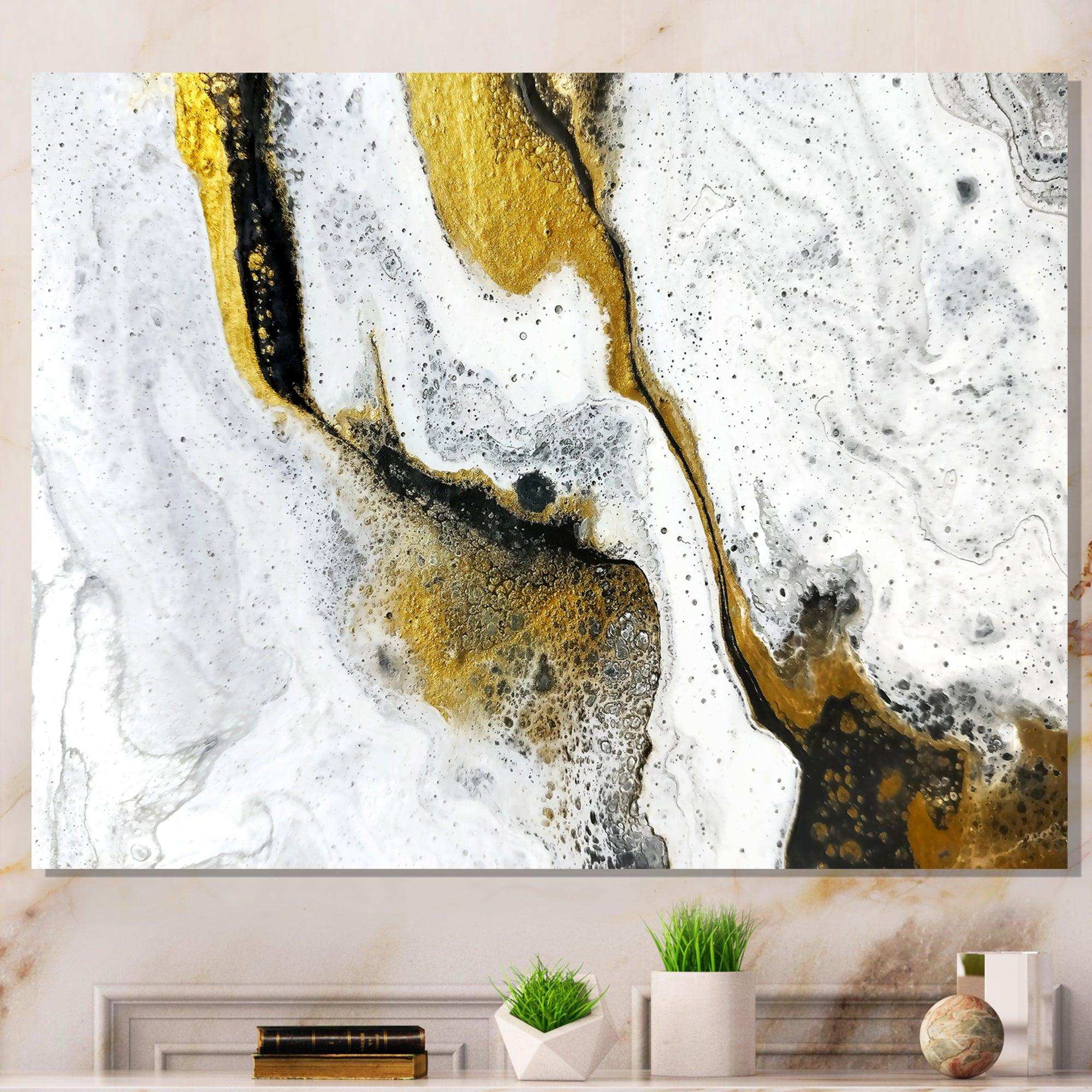 Gold and Black on White Acrylic Marble - Modern Living Room Wall Decor