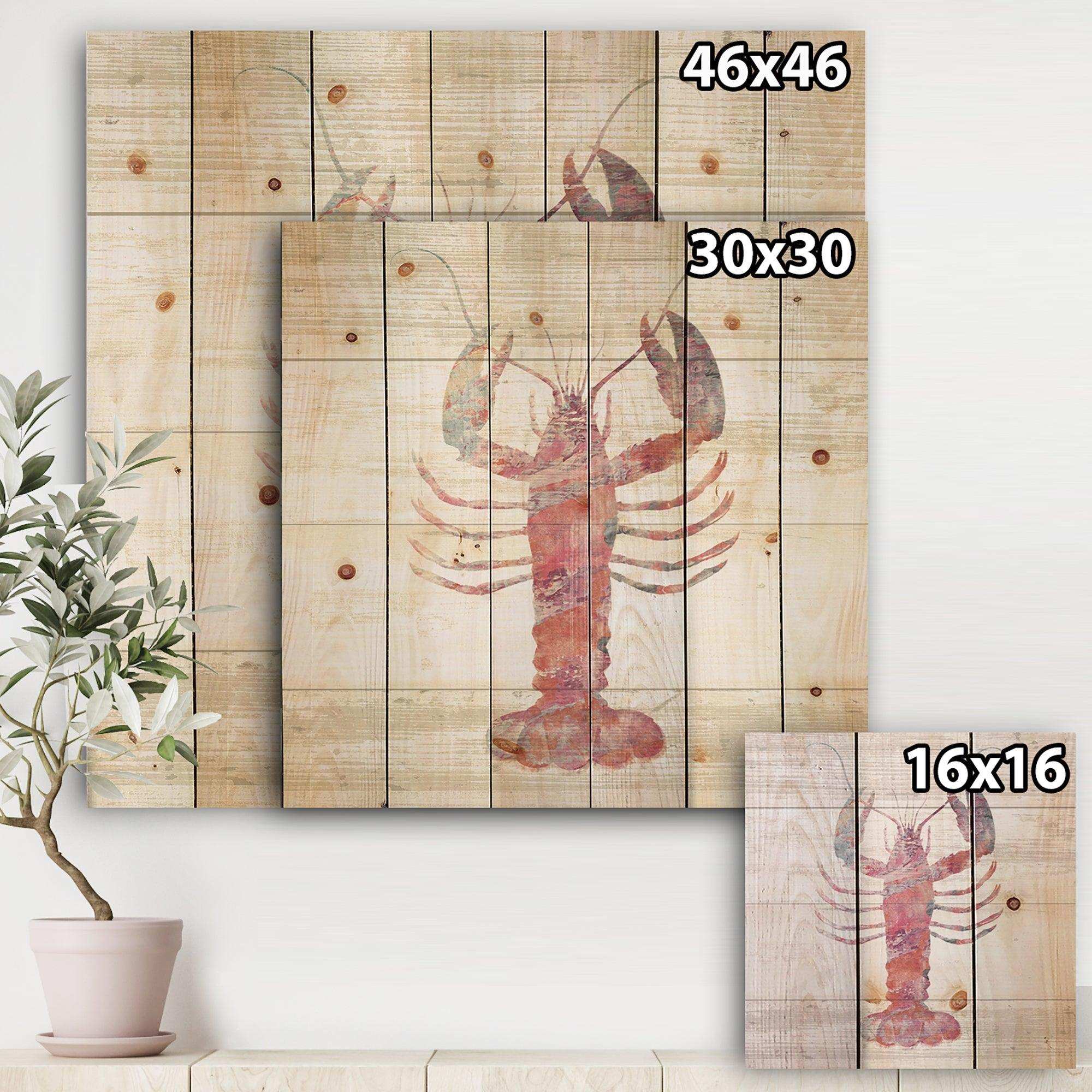 Pink lobster Ocean Life - Nautical & Coastal Print on Natural Pine Wood - 16x16