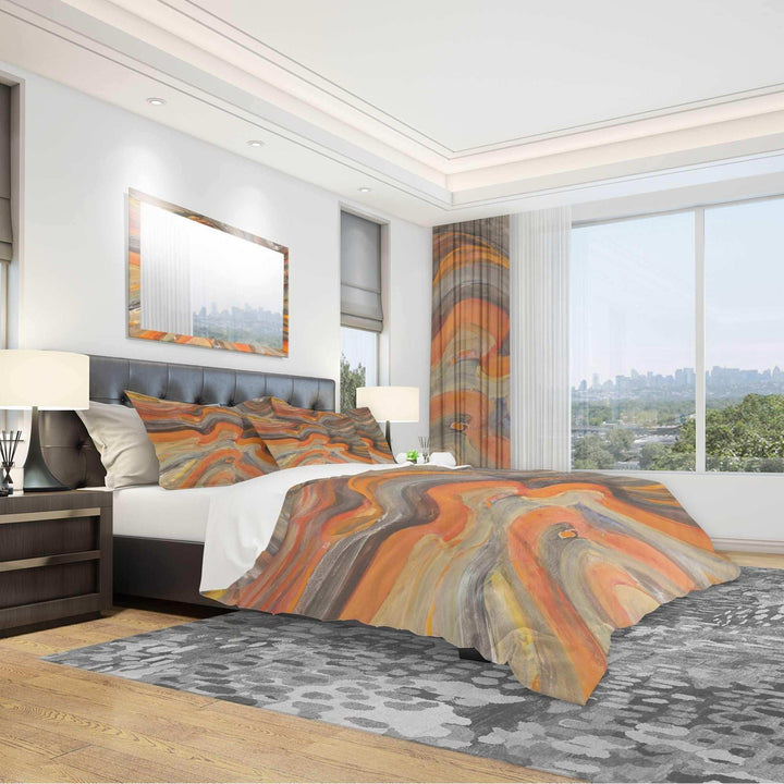 Abstract Gilded Orange Waves - Geometric Duvet Cover Set