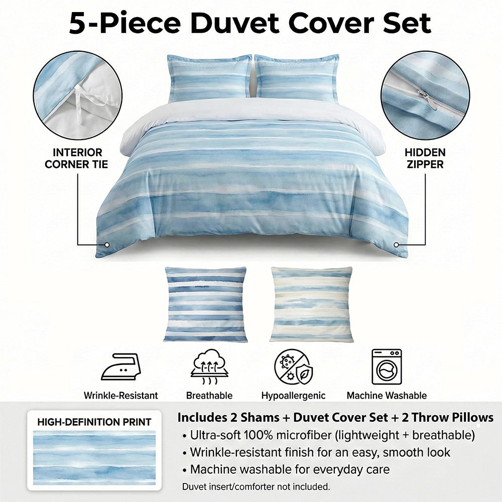 Modern Bedding Set of 5 - Pale Gold Lines Duvet Cover And Throw Cushion Set