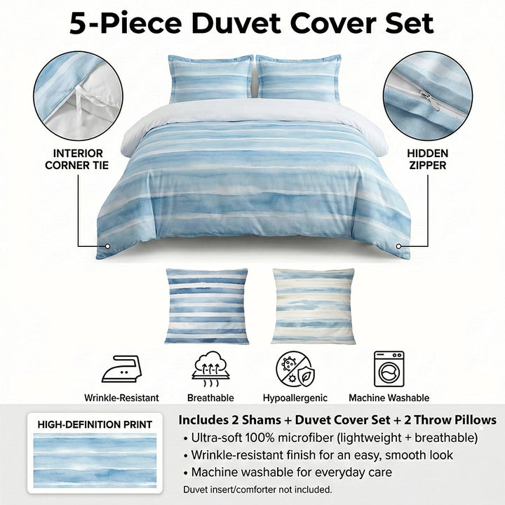 Modern Bedding Set of 5 - Pale Gold Lines Duvet Cover And Throw Cushion Set